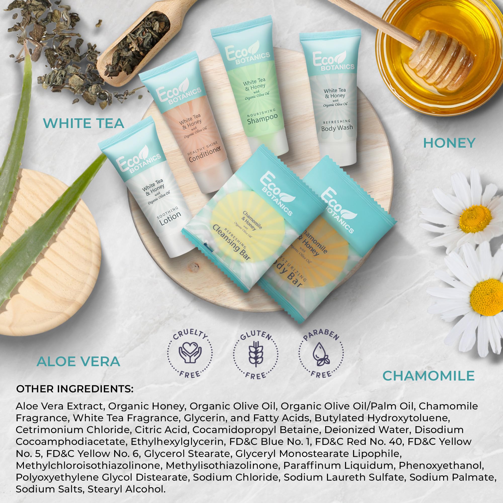 Eco Botanics Amenity & Accessory Kit | 0.85 oz Travel Size Shampoo, Conditioner, Lotion, Body Wash, Body Bar, Cleansing Bar, Shave & Dental Sets, Make-Up Remover Wipes, & Vanity Kit | 1 set per case