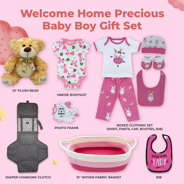 Welcome Home Precious Baby Gift Set | Newborn Baby Girl Gift Set with Baby Essentials | Gift for Expecting Moms and Gender Reveals | Baby Layette Set | Pink Baby Gift Basket | Nikki's Gift Baskets