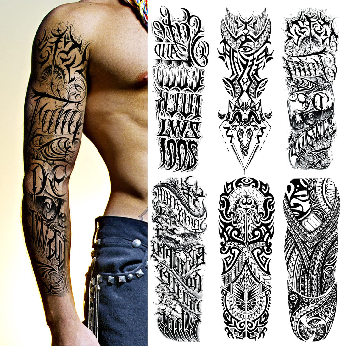 Kotbs 6 Sheets Large Tribal Totem Temporary Tattoo Sleeves for Men, Waterproof Black Totem Realistic Full Temporary Tattoos for Women Adults