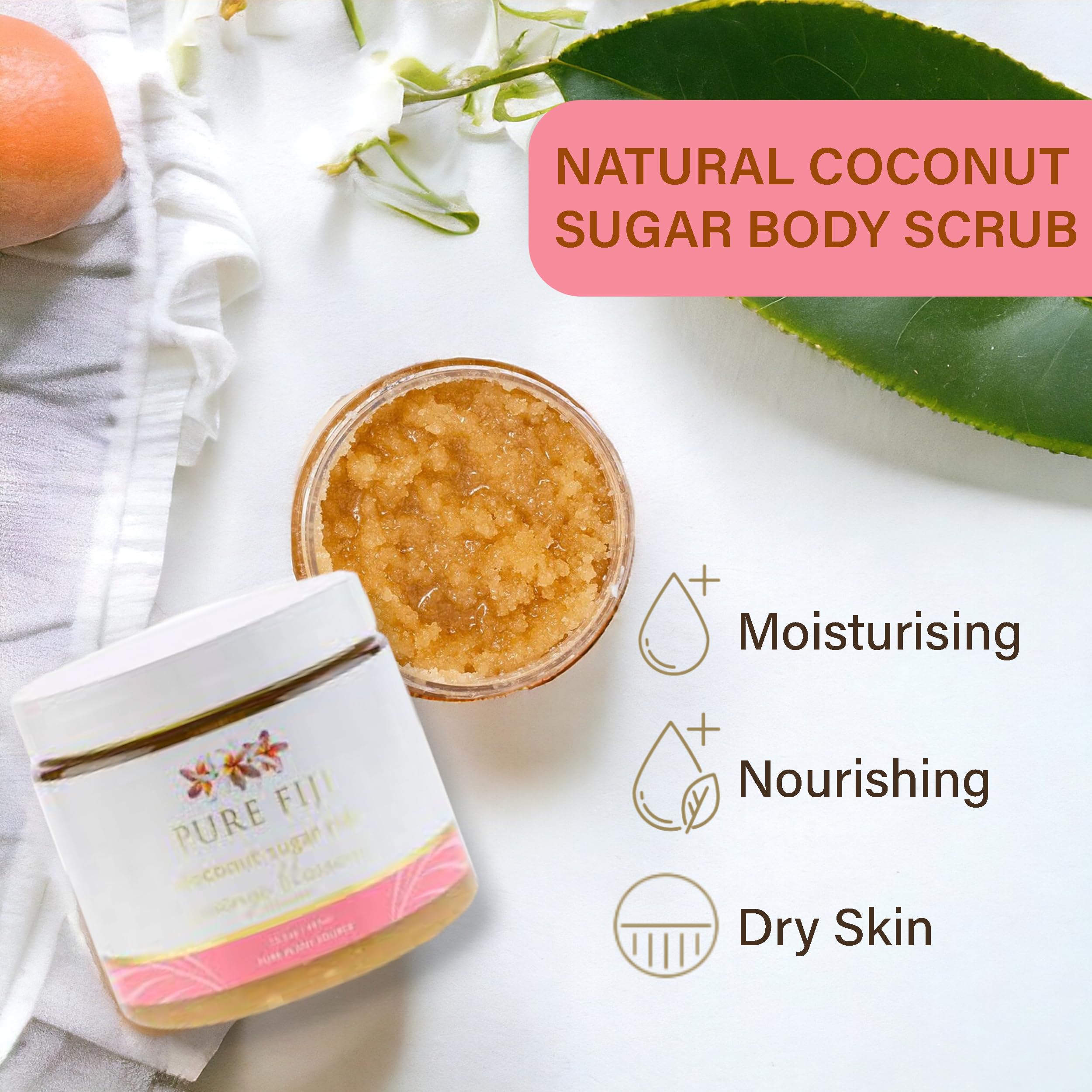 Pure Fiji Coconut Sugar Body Scrub - Body Exfoliator Scrub Natural Origin for Smooths and Softens Skin - Organic Exfoliating Sugar Scrub for Body, Orange Blossom, 15.5 Oz