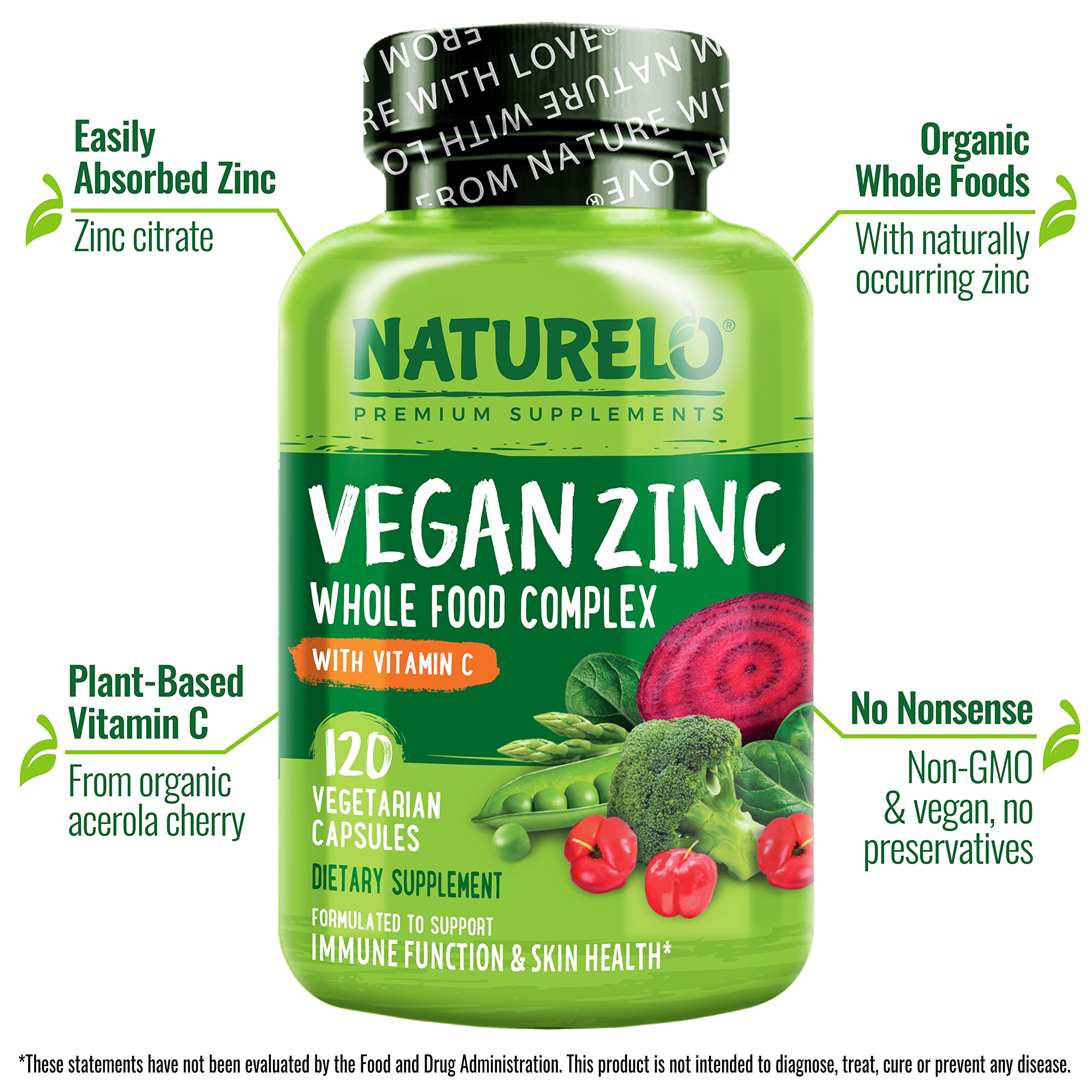 NATURELO Vegan Zinc Immune Support Capsules - Whole Food Complex with Vitamin C for Healthy Skin, Hair, and Nails - 120 Capsules (Pack of 2)