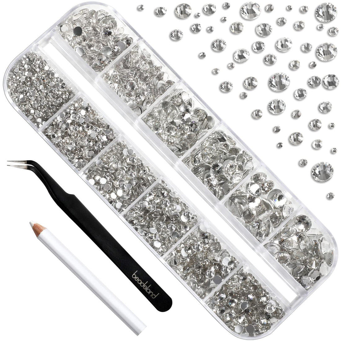Beadsland Rhinestones for Makeup,8 Sizes 2500pcs Crystal Flatback Rhinestones Face Gems for Nails Crafts with Tweezers and Wax Pencil,Clear,SS4-SS30