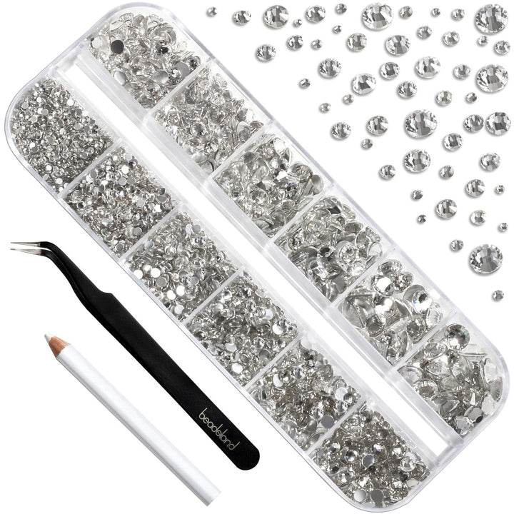 Beadsland Rhinestones for Makeup,8 Sizes 2500pcs Crystal Flatback Rhinestones Face Gems for Nails Crafts with Tweezers and Wax Pencil,Clear,SS4-SS30