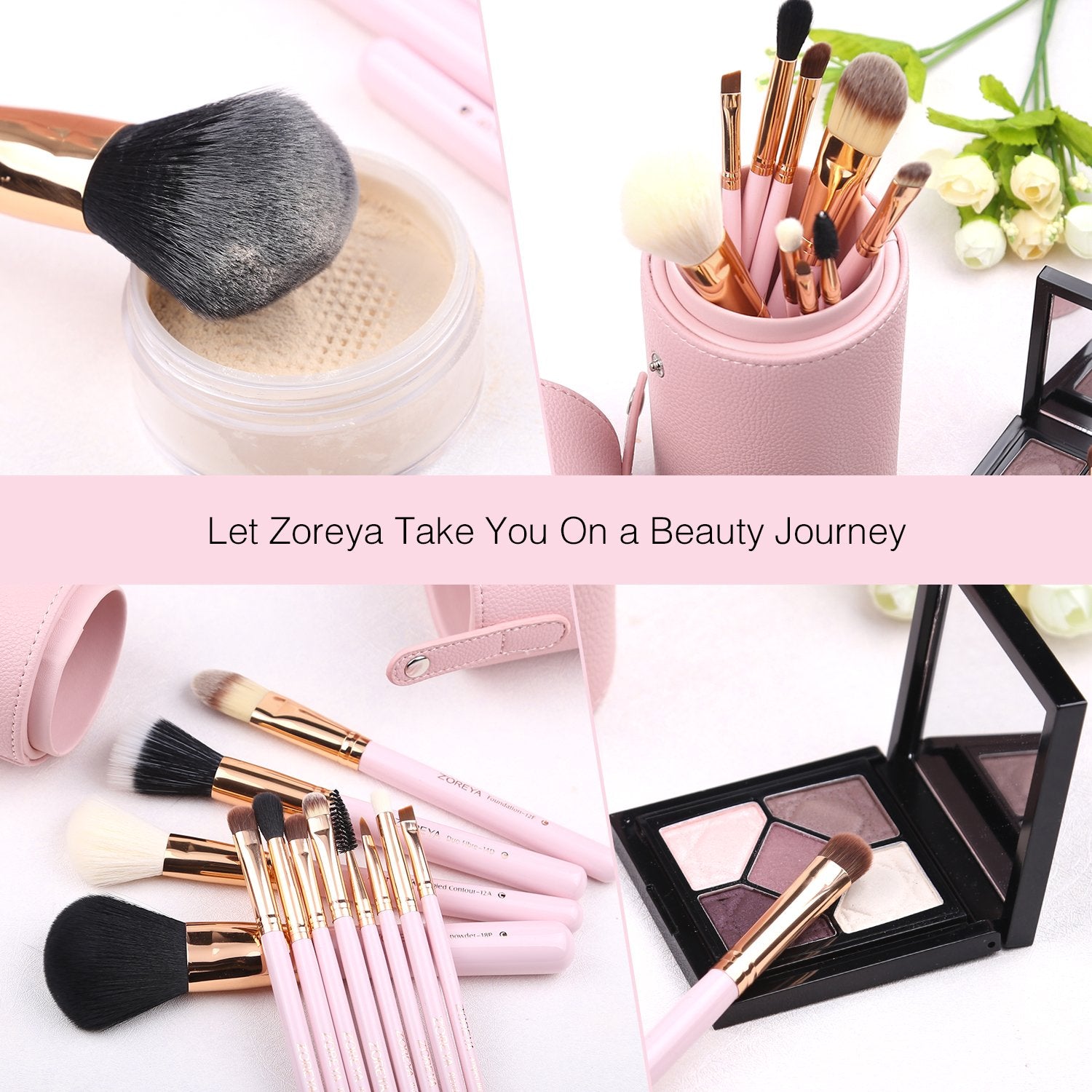 Zoreya Travel Makeup Brush Set 12pcs Pink Makeup Brushes Professional Foundation Powder Contour Blush Eye Cosmetic Brush Sets With Holder For Halloween Makeup