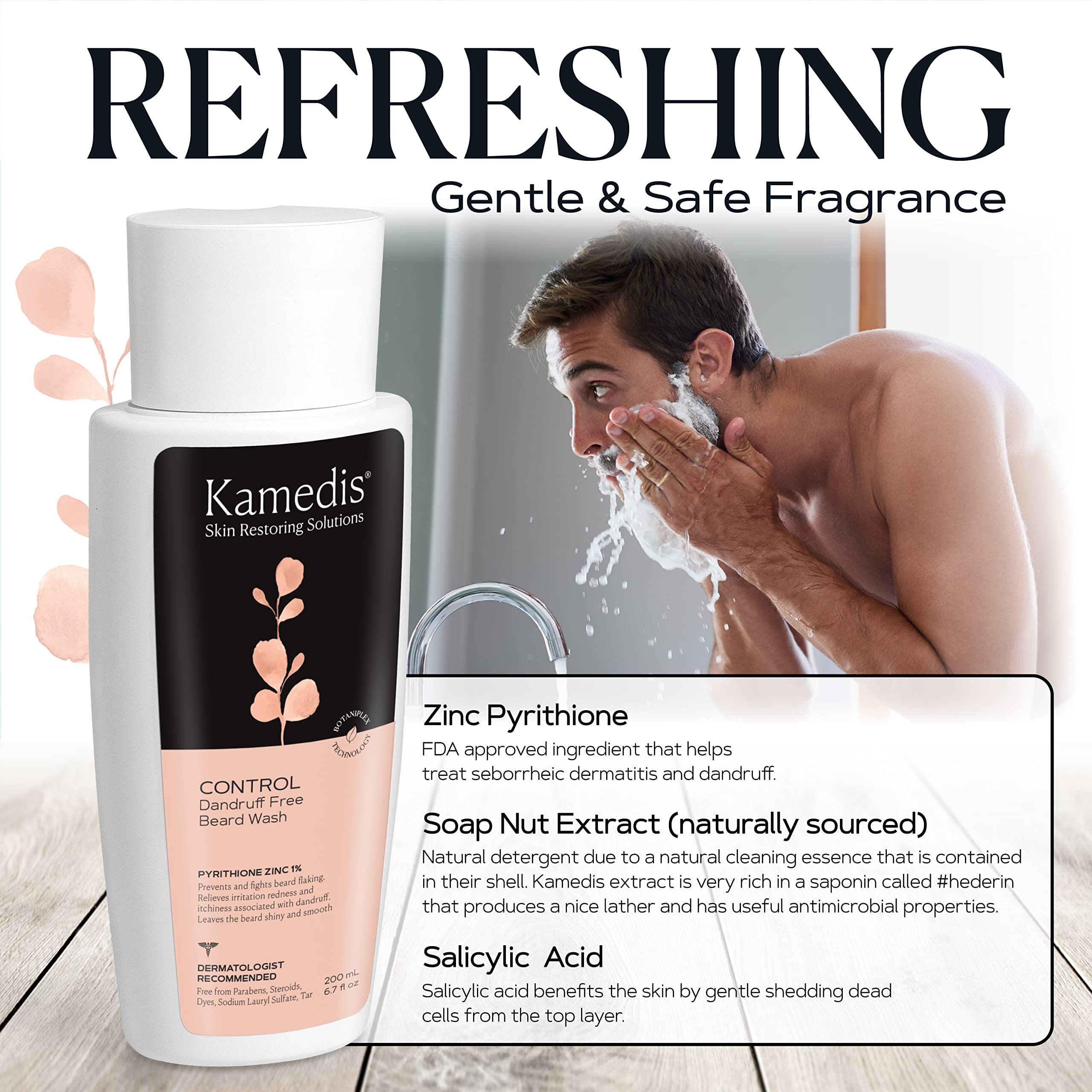 KAMEDIS Beard Wash - 6.7 Oz, Dandruff & Flake Free Ultimate Men's Shampoo, Contains Pyrithione Zinc & Salicylic Acid, Alleviates Itching & Irritation