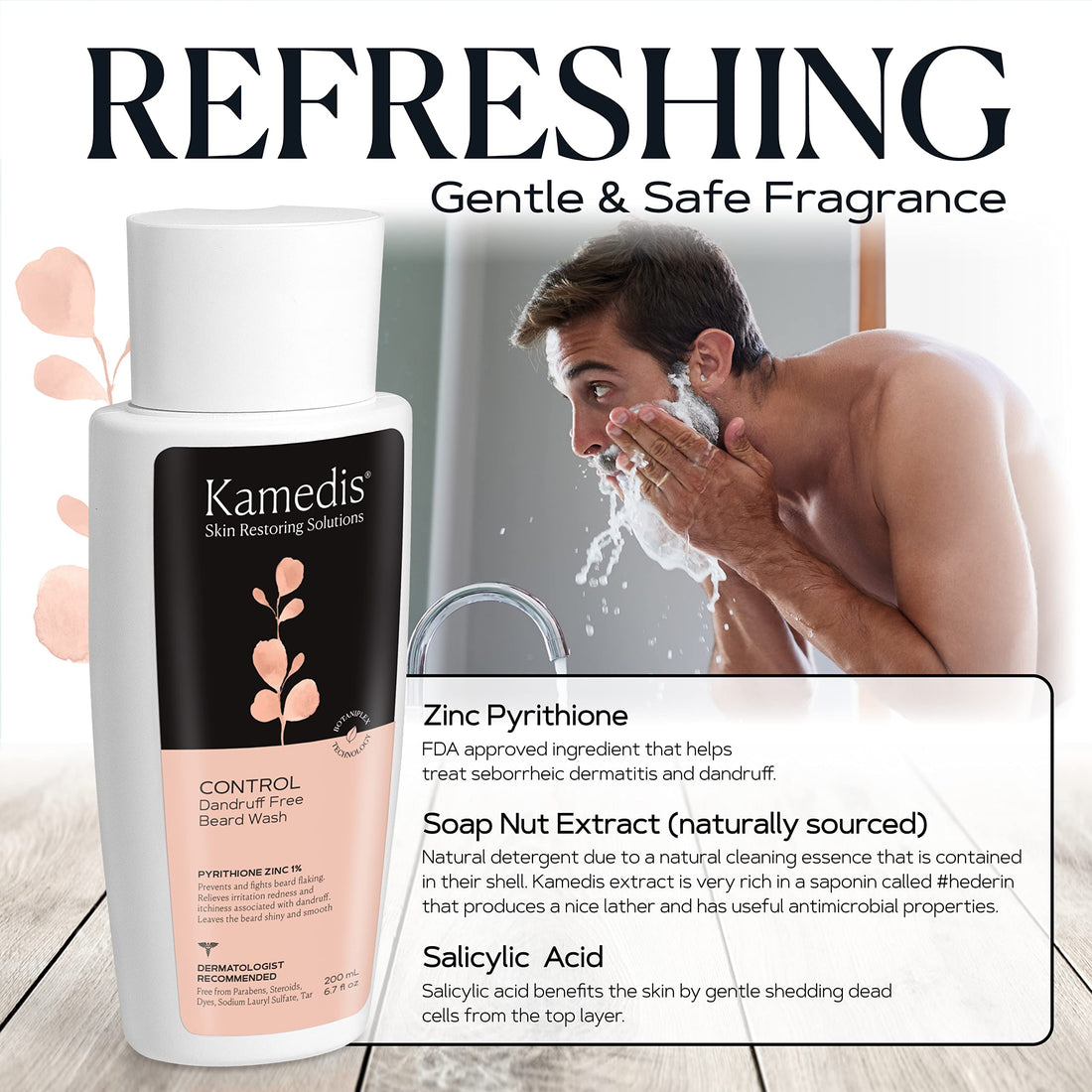 KAMEDIS Beard Wash - 6.7 Oz, Dandruff & Flake Free Ultimate Men's Shampoo, Contains Pyrithione Zinc & Salicylic Acid, Alleviates Itching & Irritation