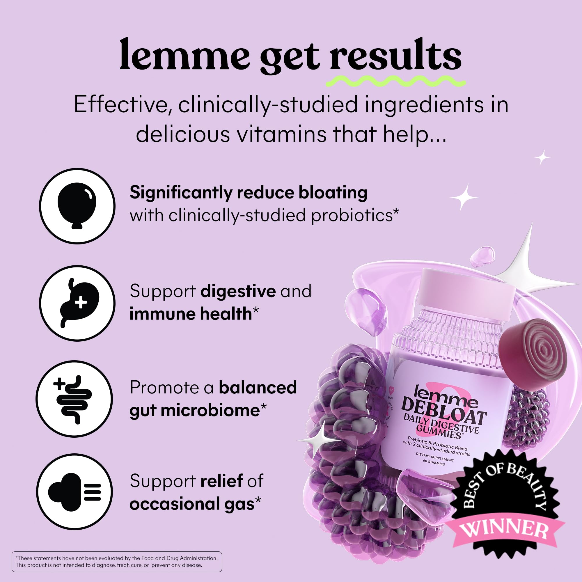 Lemme Debloat - Digestive & Gut Health Gummies with 2 Clinically Studied Probiotics & Prebiotic, 3 Billion CFUs - Vegetarian, Gluten Free, Non GMO, BlackBerry Flavor (60 Count)