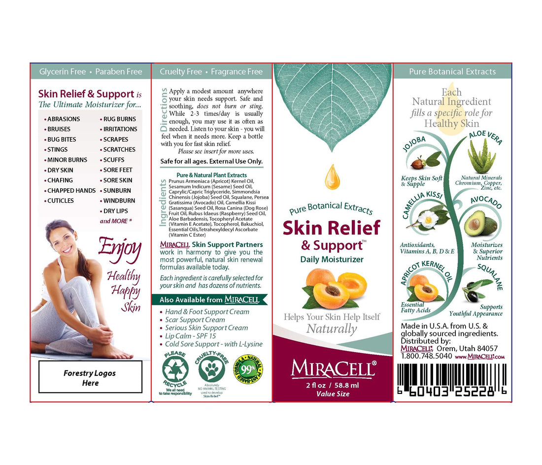 Miracell Skin Relief and Support, Apricot Kernel Oil, Coconut Oil, Sesame Oil Jojoba Oil, Avocado Oil, Camellia oil, Rosehip oil Vitamin E, Serum 2 oz