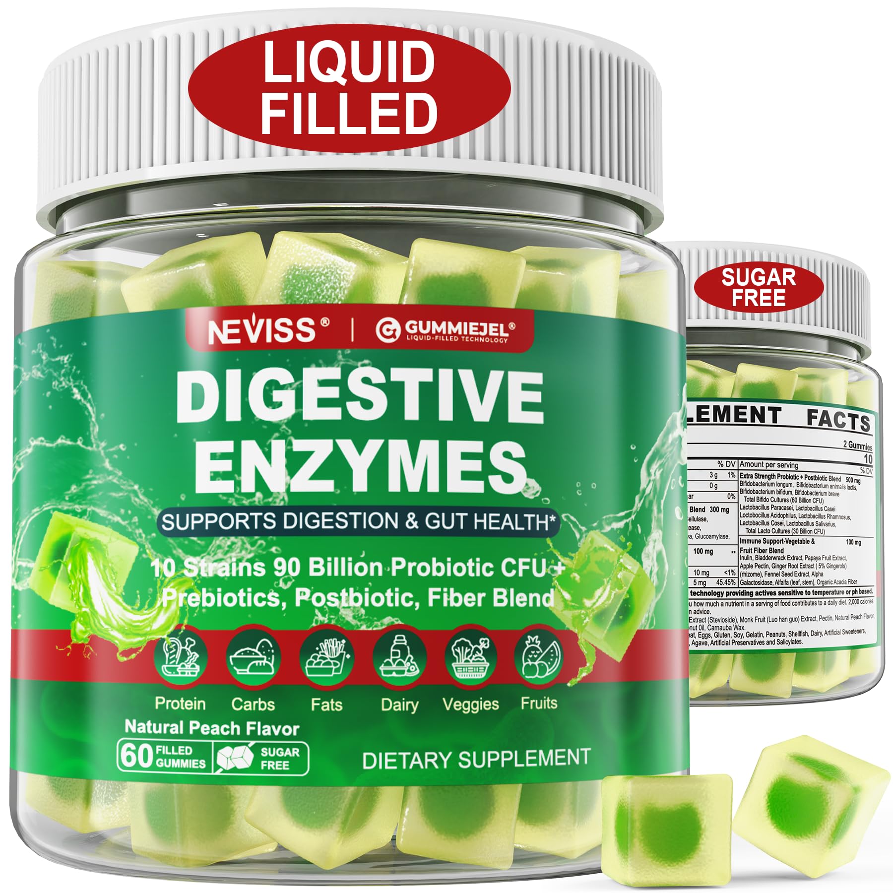 Neviss Digestive Enzymes Gummies Plus 90 Billion CFU Probiotics & Prebiotics & Postbiotic and Fiber for Women and Men, Daily Multi-Enzymes for Digestive Health, Regularity Gut, Immune,Sugar Free 60Cts