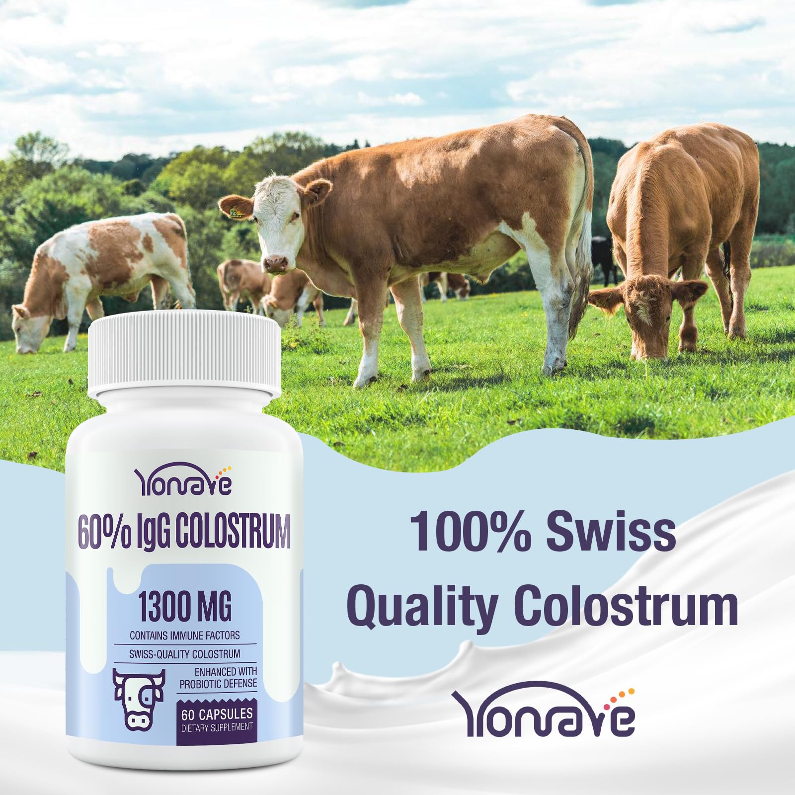 Yonrave Bovine Colostrum Capsules Supplement 1300mg - Extra High 60% IgG Bovine Colostrum - Gut, Bone, Exercise, Immune - 60 Capsules