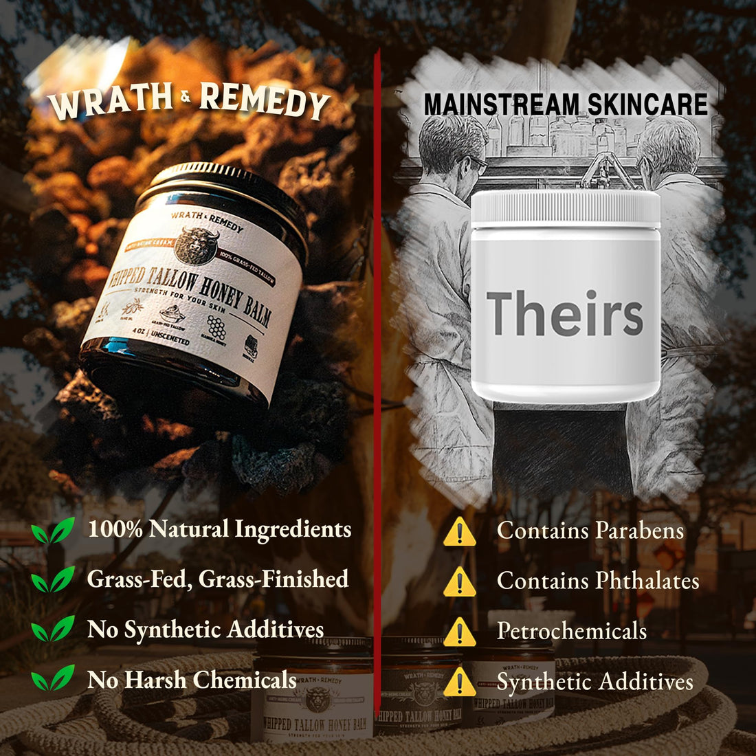 Wrath & Remedy Handmade Whipped Organic Beef Tallow for Skin - 4 OZ (Unscented) — Grass Fed Beef Tallow Moisturizer and Honey Balm for Silky, Sensitive-Skin, Eczema, Rosacea - Free of Harsh Chemicals