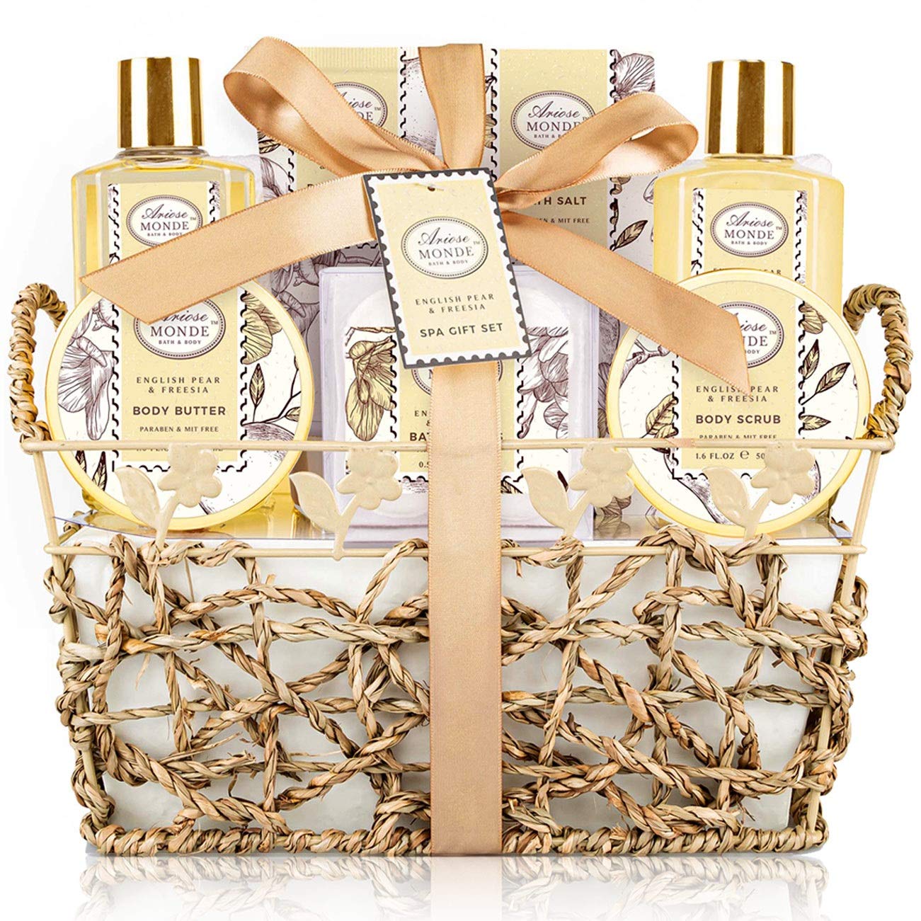 Bath & Shower Spa Gift Basket Set, with English Pear & Freesia Fragrance Bath Gift Basket for Women & Men Includes Body Lotion, Shower Gel, Bath Salts, Bubble Bath, Body Scrub and More, 8 Pcs