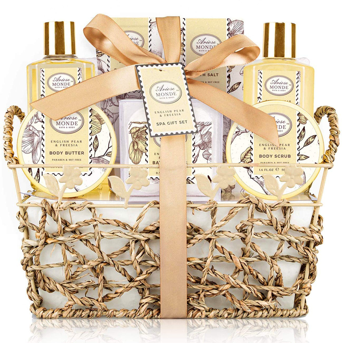 Bath & Shower Spa Gift Basket Set, with English Pear & Freesia Fragrance Bath Gift Basket for Women & Men Includes Body Lotion, Shower Gel, Bath Salts, Bubble Bath, Body Scrub and More, 8 Pcs