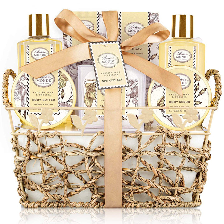 Bath & Shower Spa Gift Basket Set, with English Pear & Freesia Fragrance Bath Gift Basket for Women & Men Includes Body Lotion, Shower Gel, Bath Salts, Bubble Bath, Body Scrub and More, 8 Pcs