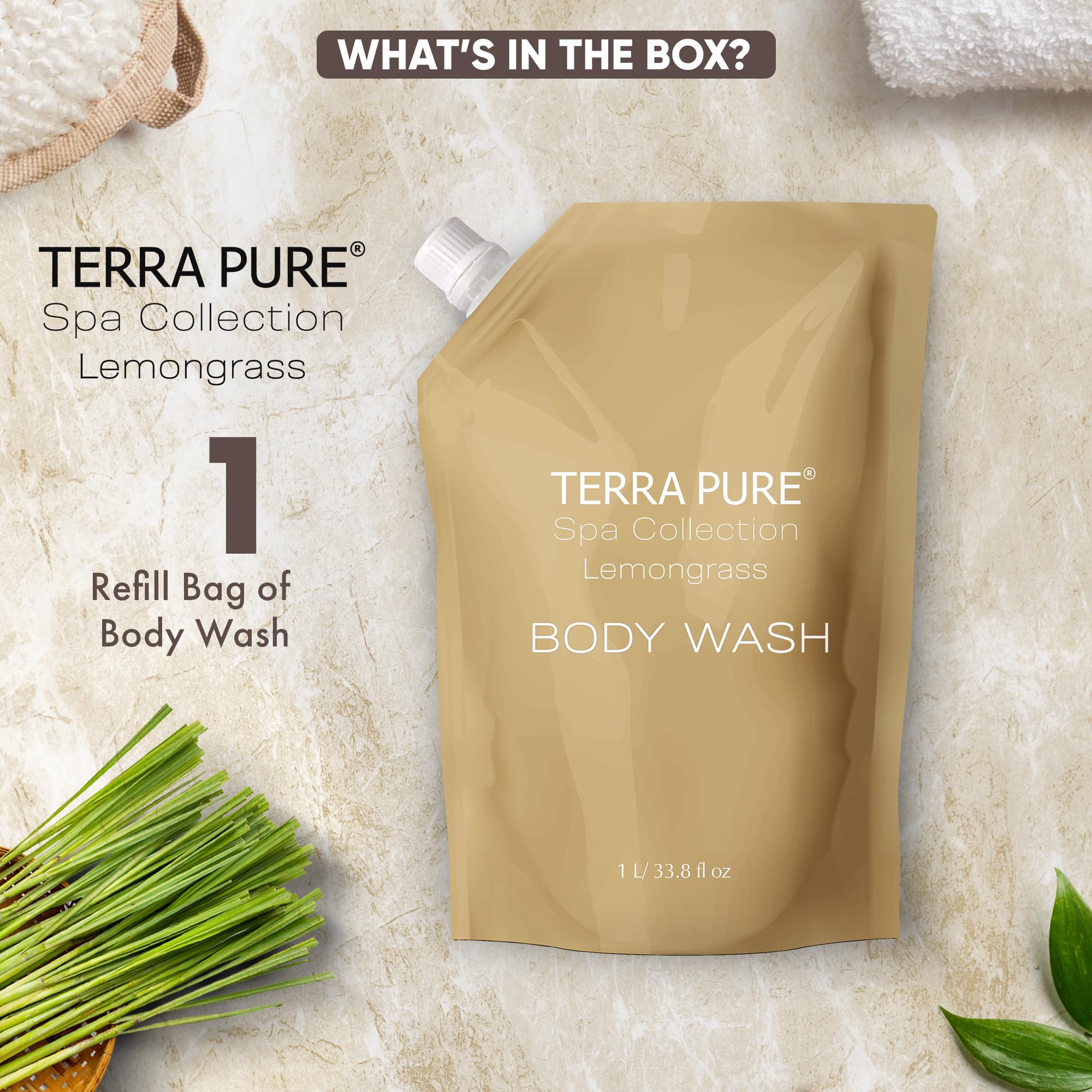 Terra Pure Spa Collection 1 Liter Body Wash Refill Bag For Soap Dispensers | Bulk Toiletries for Vacation Rentals, and Home Bathroom Showers | Green Tea Lemongrass | Single