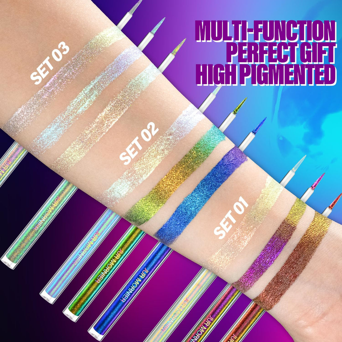 JUR MORNIER Multichrome Liquid Eyeshadow Set,3 Colors Multi-Dimensional Eye Liner Makeup,High Pigment Waterproof Metallic Eyeshadow,Ultre Fine Tip Glitter Eyeshadow (101+102+103)