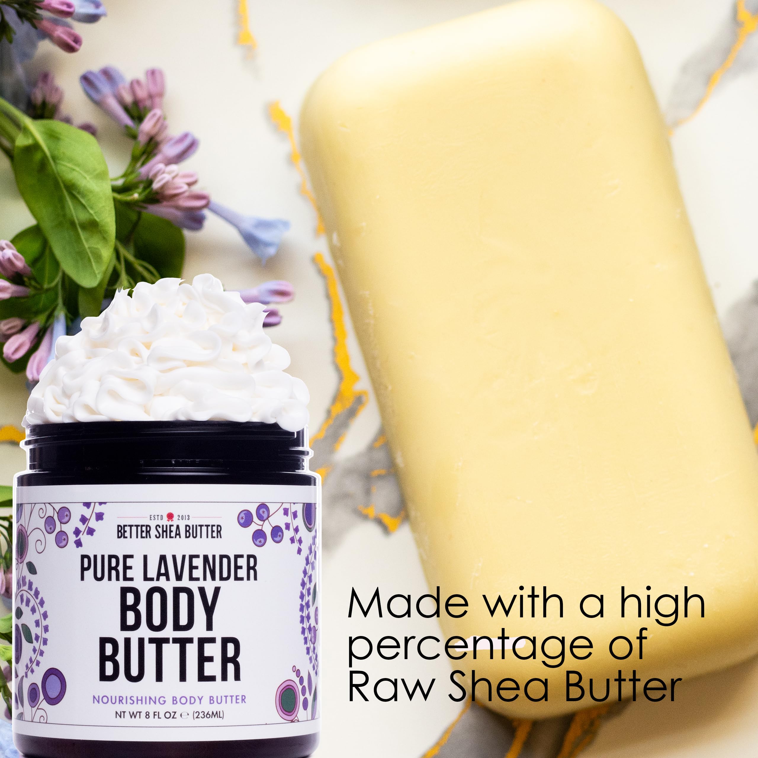 Lavender Body Butter with Shea Butter, Jojoba & Lavender Essential Oil - Natural Lotion for Women, Non-Greasy Moisturizer for Dry Skin, Whipped Body Cream