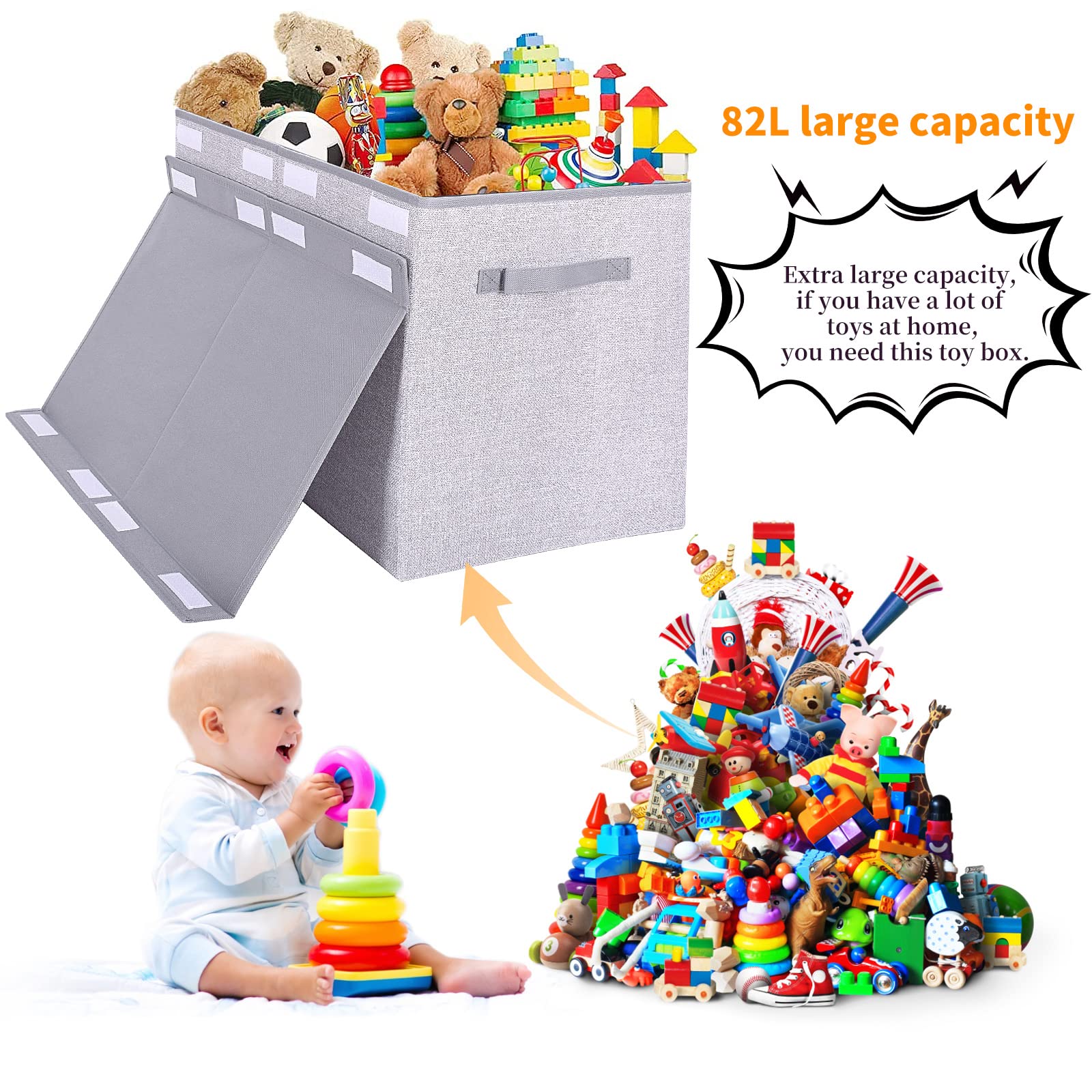 Large Toy Box Chest Storage Organizer with Lid,Collapsible Kids Toys Boxes Basket Bins with Sturdy Handles for Boys and Girls, Nursery, Playroom, Closet 25x13 x16 (Light Grey)