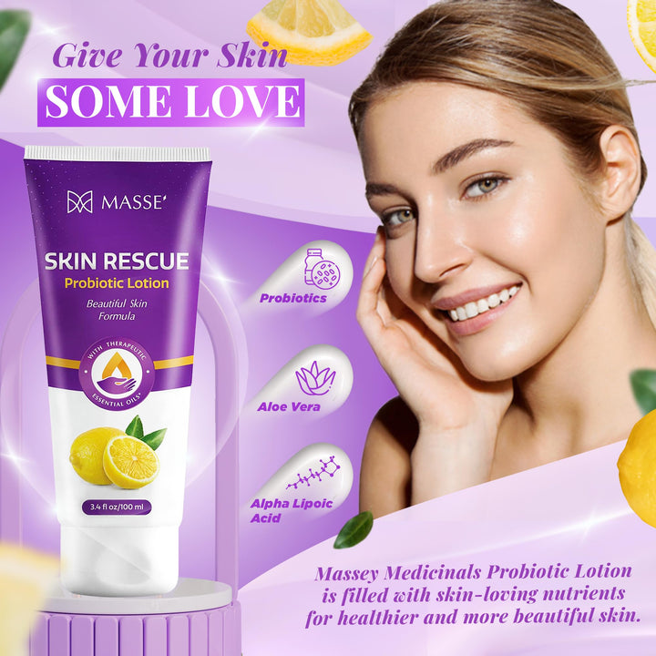Candida Freedom Massey's Skin Rescue Probiotics Lotion - Daily lotion for Men & Women - Refreshing Lemon Scent - Non-Greasy Moisture for Smooth & Sensitive Skin - 3.4 oz