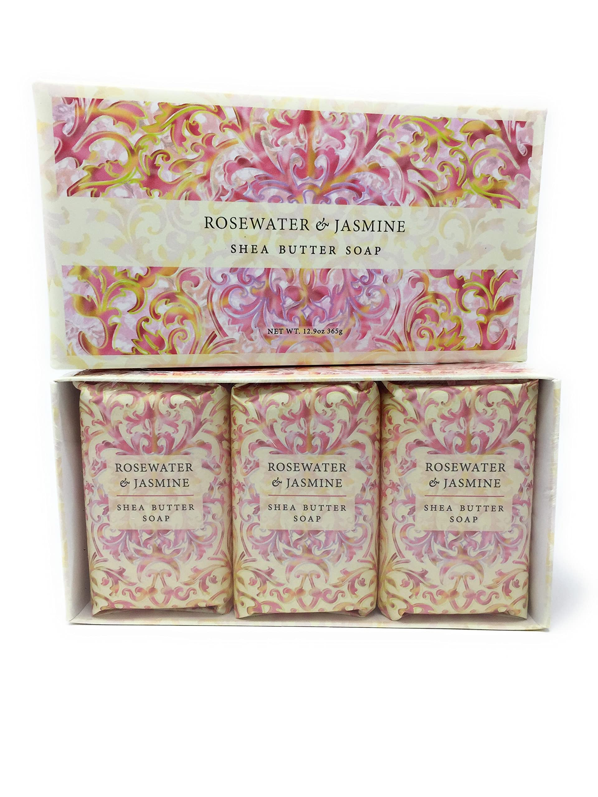 Rosewater & Jasmine Shea Butter Spa Soap Set by Greenwich Bay Trading Co. Individually Wrapped 3 x 4.3 oz in Gift Box