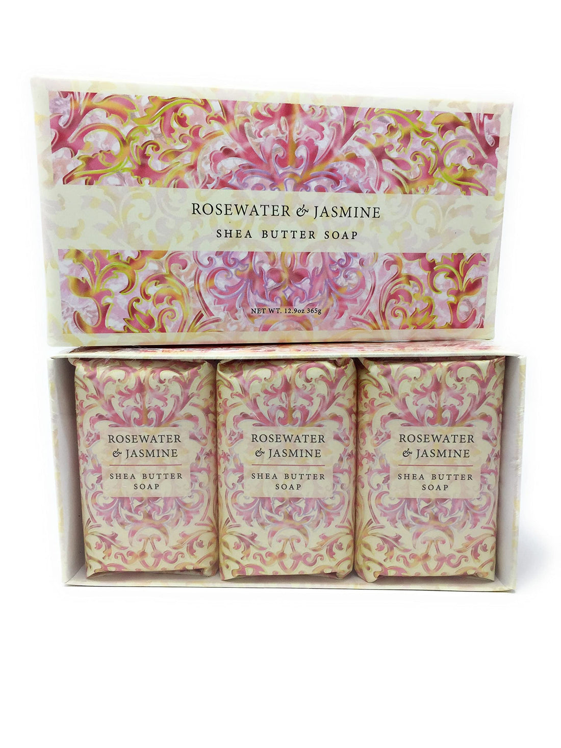 Rosewater & Jasmine Shea Butter Spa Soap Set by Greenwich Bay Trading Co. Individually Wrapped 3 x 4.3 oz in Gift Box