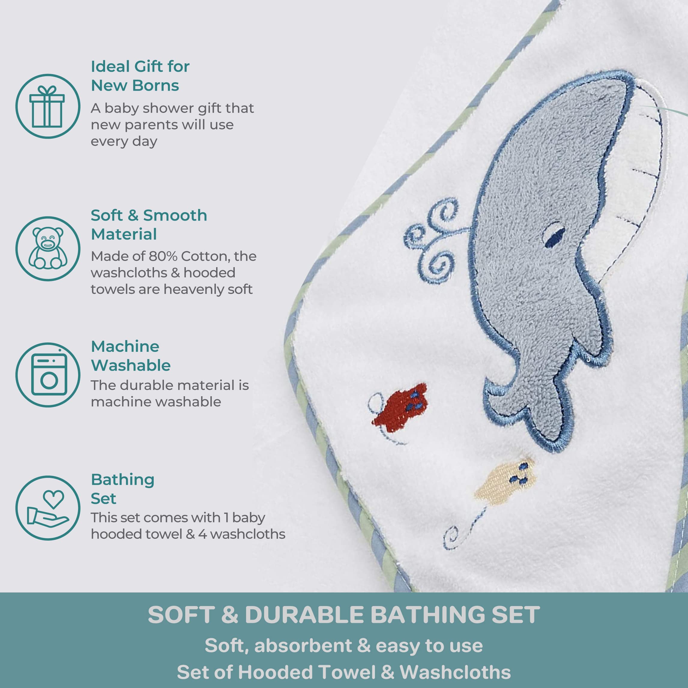 Spasilk Bath Hooded Towels & Washcloths Set for Babies, Hooded Terry Bath Towel & 4 Washcloths, Blue