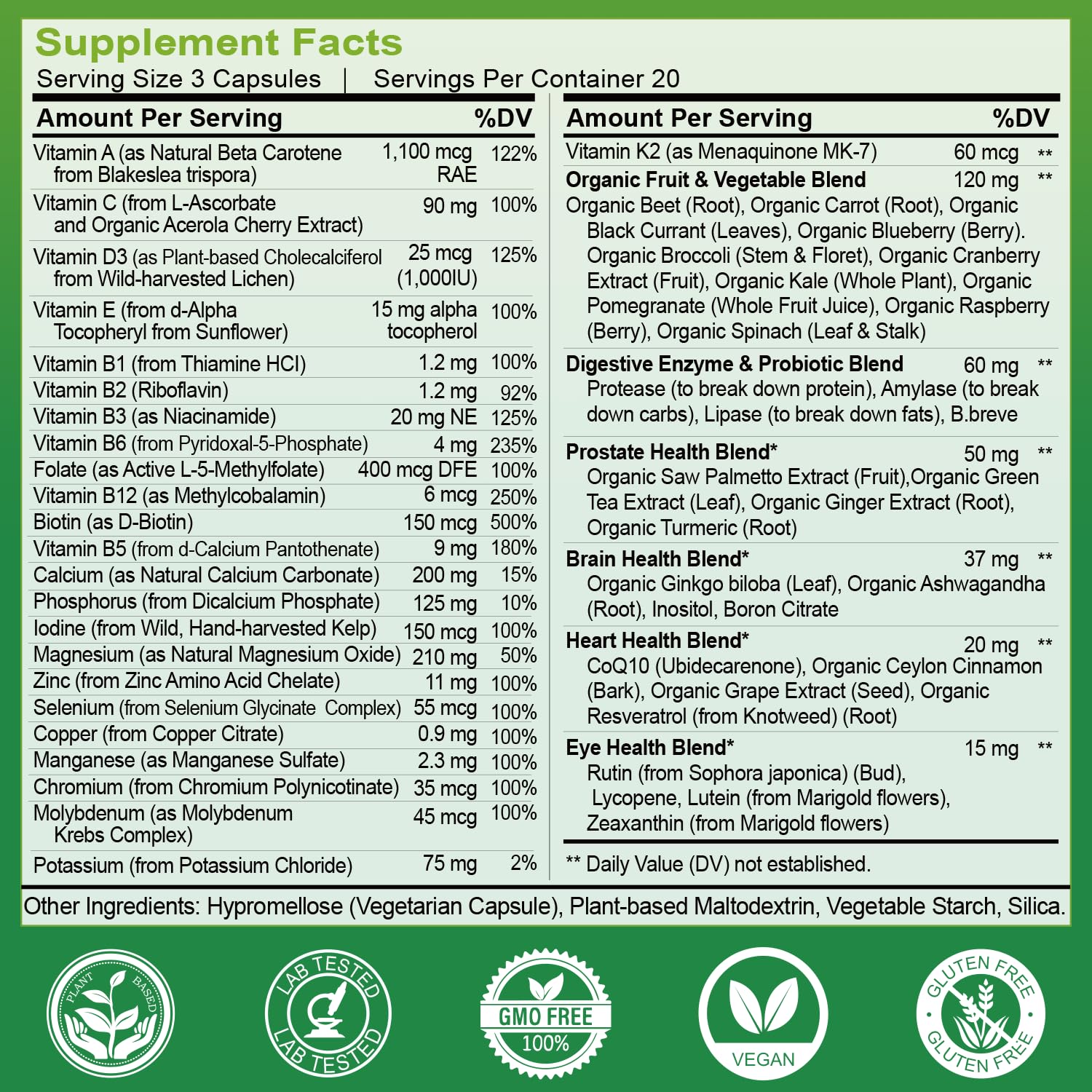 ZHPHK Mens Multivitamins 50 Plus, Whole Food Multivitamin Organic Natural Foods Mens Vitamins Multivitamin Men 50+ for Brain, Heart and Eye Health, Improve Digestion & Prostate Health, 60 Capsules