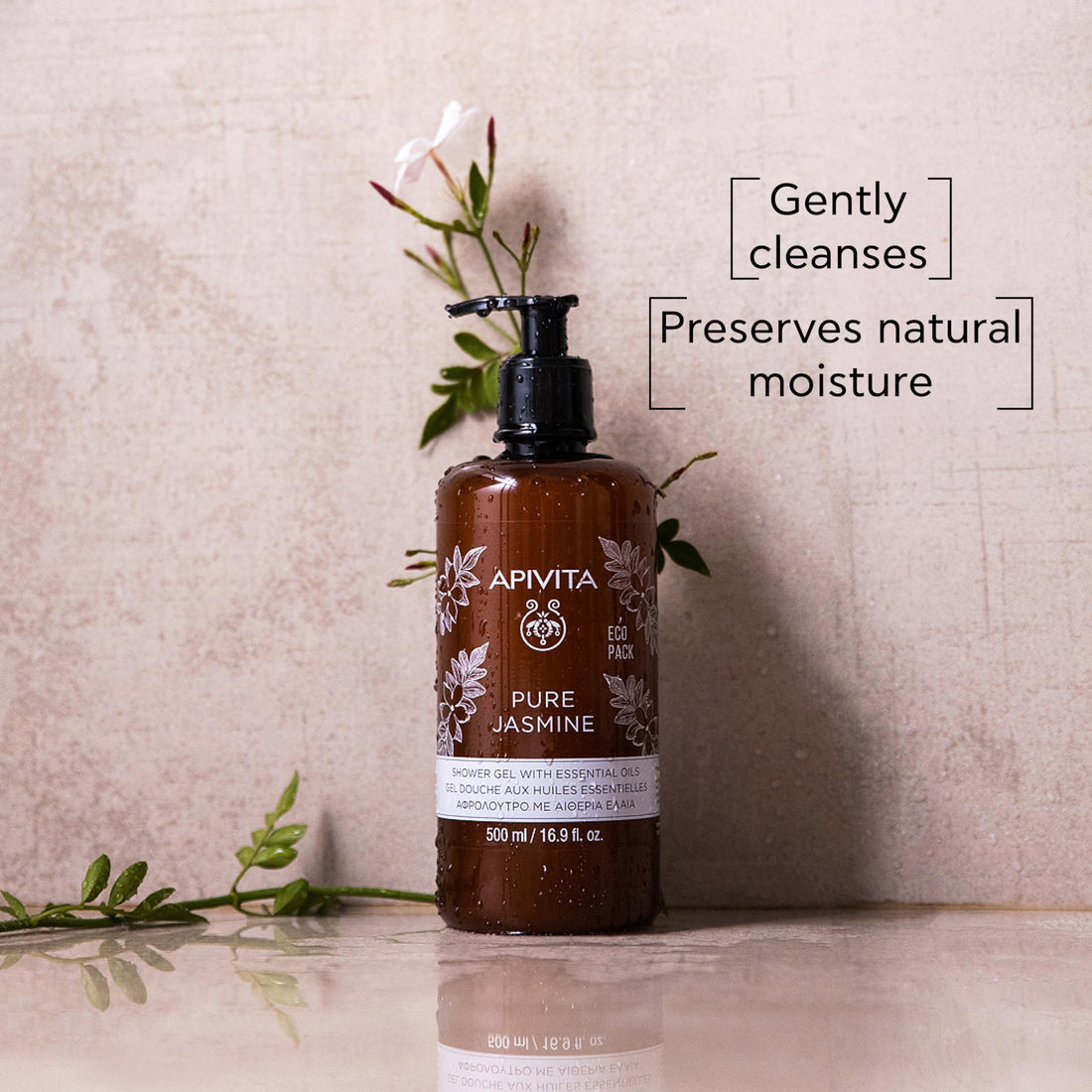 Apivita Pure Jasmine Shower Gel 500ml - Luxurious Shower Gel Body Wash Infused with Jasmine Essential Oil and Propolis - Shower Body Wash that Gently Cleanses & Preserves Skin's Moisture