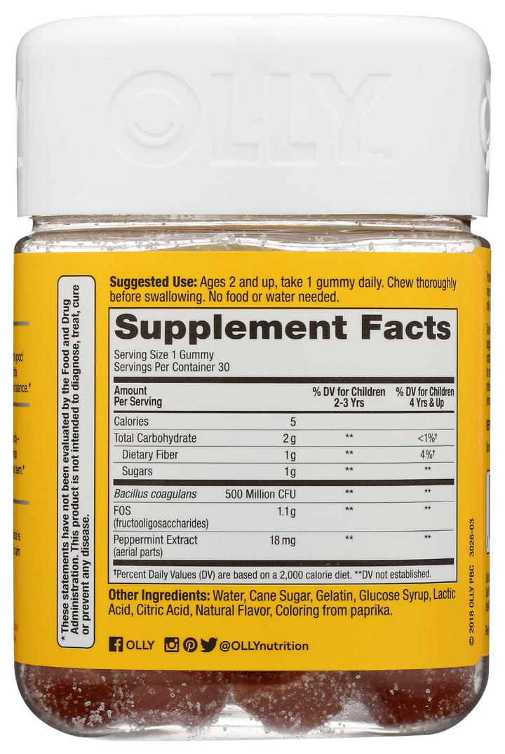 OLLY Kids Probiotic + Prebiotic Gummy, 30 Day Supply (30 Gummies), Just Peachy, Probiotics, Prebiotics, Peppermint, Chewable Supplement