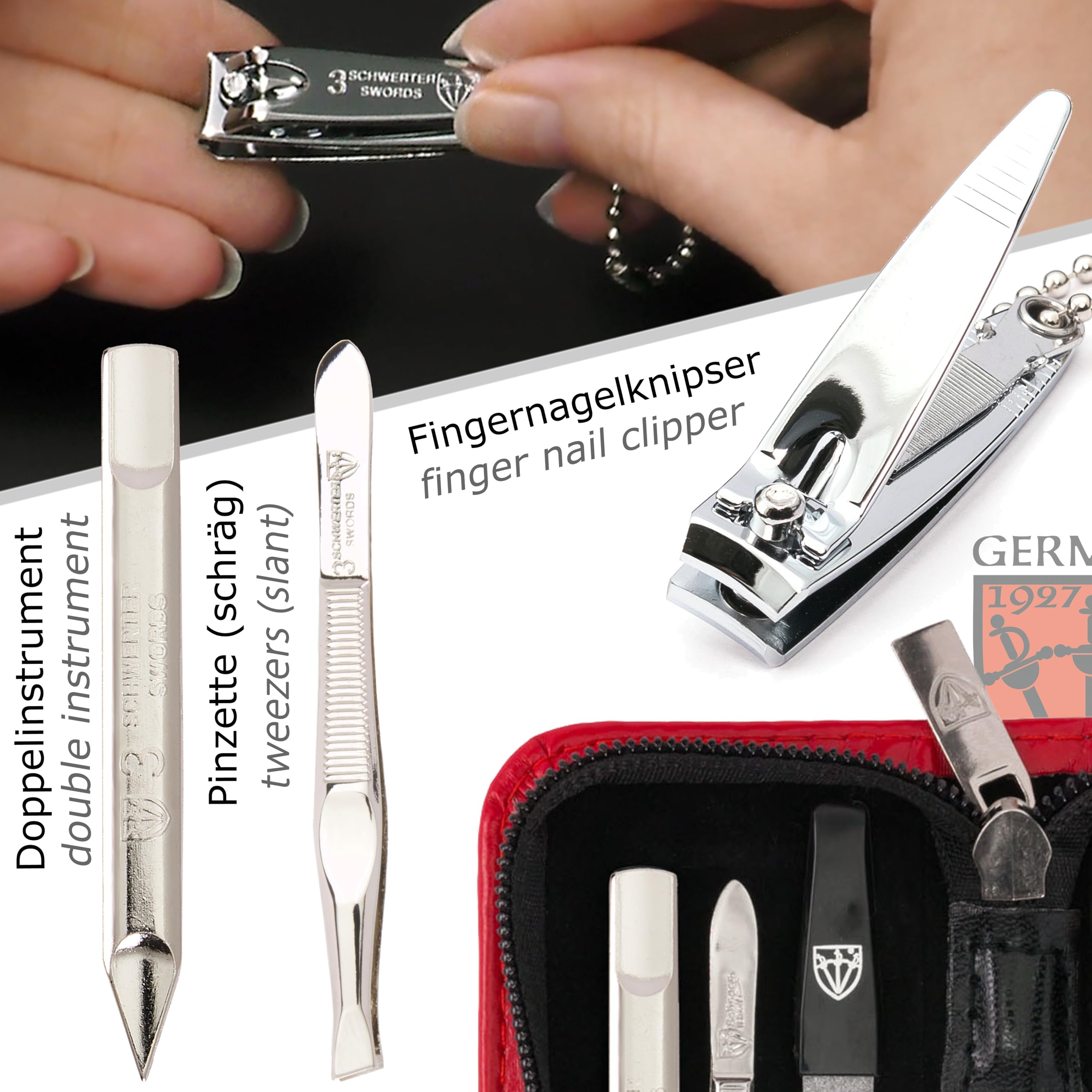 3 SWORDS GERMANY - 5 Piece Manicure & Pedicure Kit, made of high quality artificial leather in red, Quality: Made in Solingen/Germany