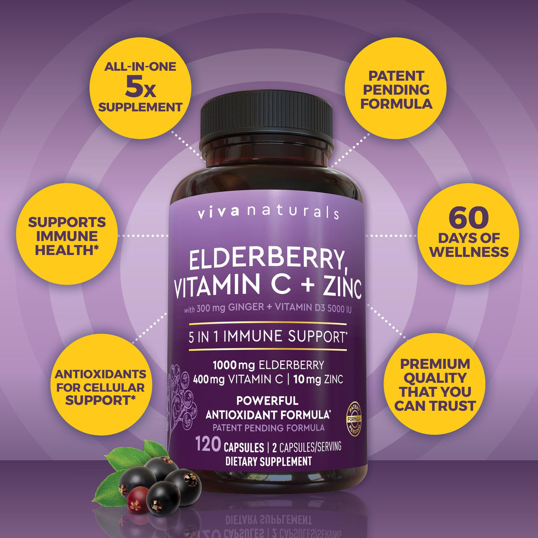 Viva Naturals Elderberry with Vitamin C and Zinc for Adults - 5 in 1 Sambucus Black Elderberry Capsules with Vitamin D3 5000 IU Immunity Supplement, Sambucus Elderberry Immune Support Supplement