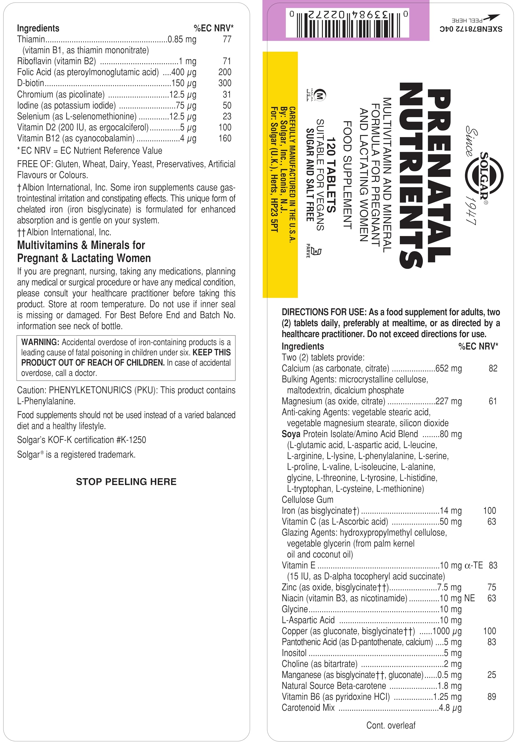 Solgar Prenatal Nutrients - 120 Tablets - Multivitamin & Mineral Formula for Pregnant & Lactating Women - Vegan, Kosher, Halal & Gluten Free - 30 Servings