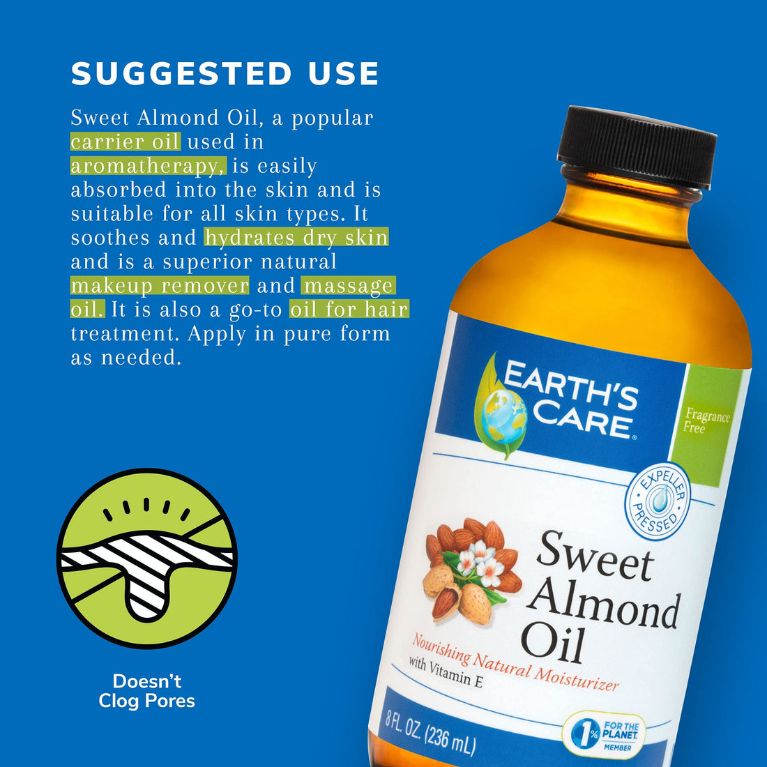 Sweet Almond Oil 100% Pure and Natural, 8 OZ by Earth's Care