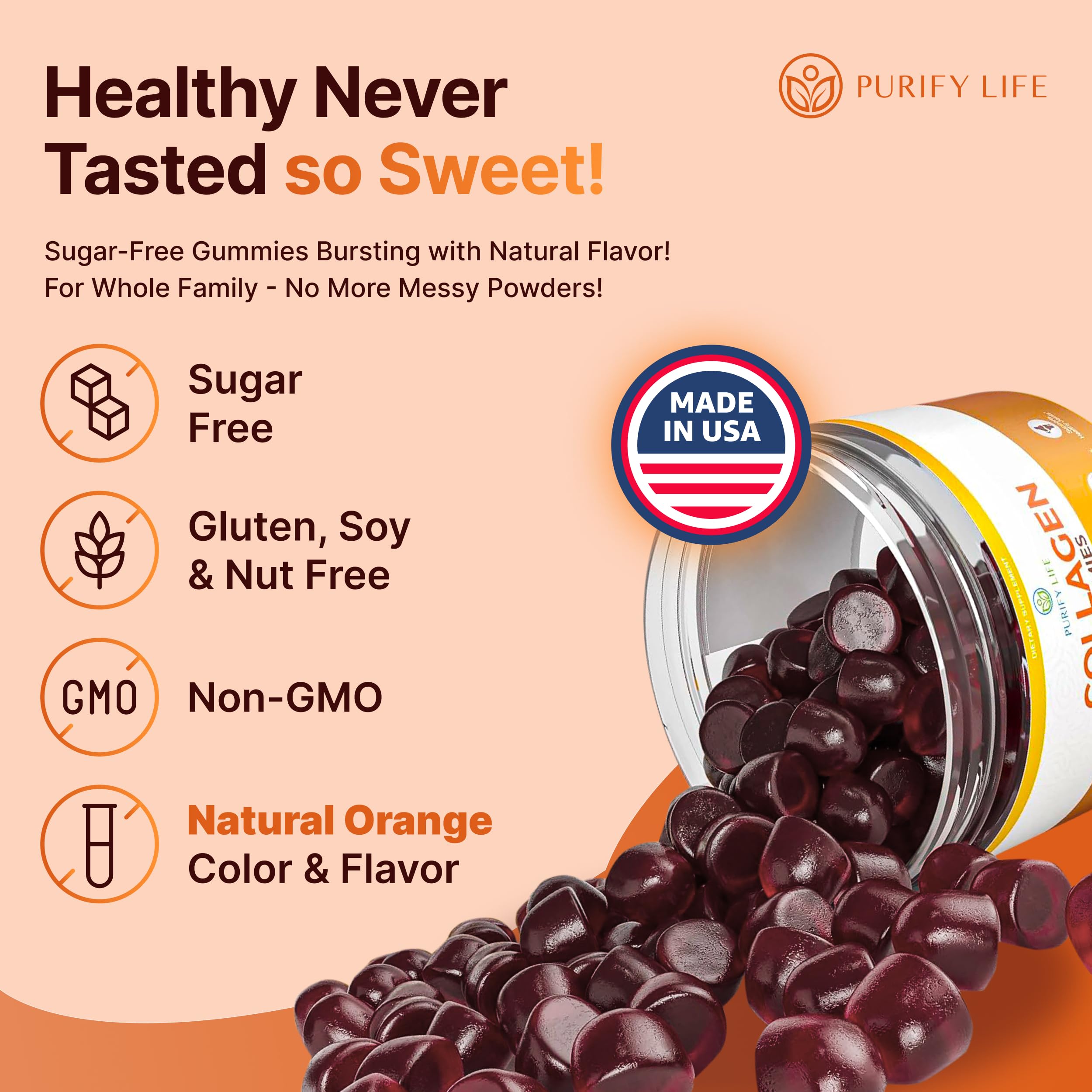 Sugar-Free Marine Collagen Gummies (90 Collagen Chews) Potent 500mg Collagen Gummy for Hair Growth, Healthier Skin & Nails, Pore Reducer & Elasticity Hydrolyzed, Gluten Free, Non-GMO, Orange Flavor