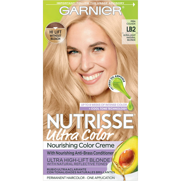 Garnier Hair Color Nutrisse Ultra Color Nourishing Creme, LB2 Ultra Light Natural Blonde (Pina Colada) Permanent Hair Dye, 1 Count (Packaging May Vary)