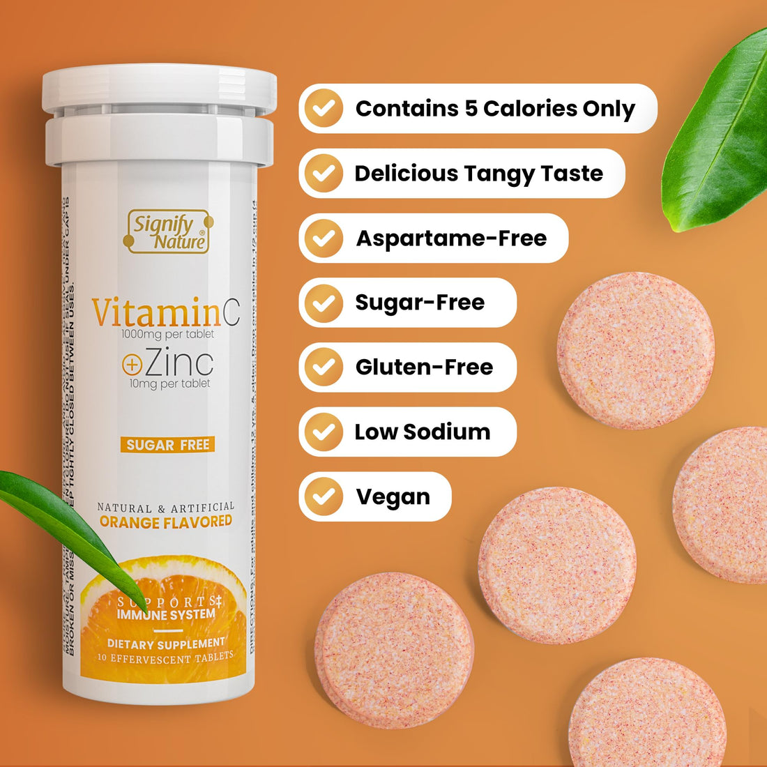 SIGNIFY NATURE Vitamin C 1000mg Effervescent Tablets - Potent Immune Support VIT C with Zinc Supplement - Sugar-Free & Vegan Formula | Dissolvable Vitamin C Tablets - Water Soluble Fizzy Elixir - 20CT