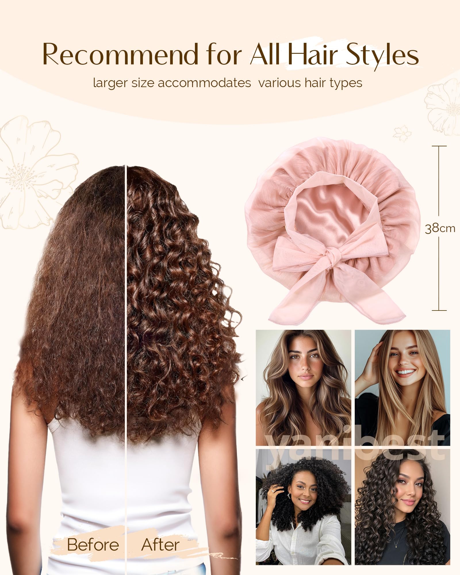 YANIBEST Silk Bonnet for Sleeping Women, Satin Lined Hair Bonnet with Breathable Tie Band for Curly Hair, Head Wrap Cap, Pink