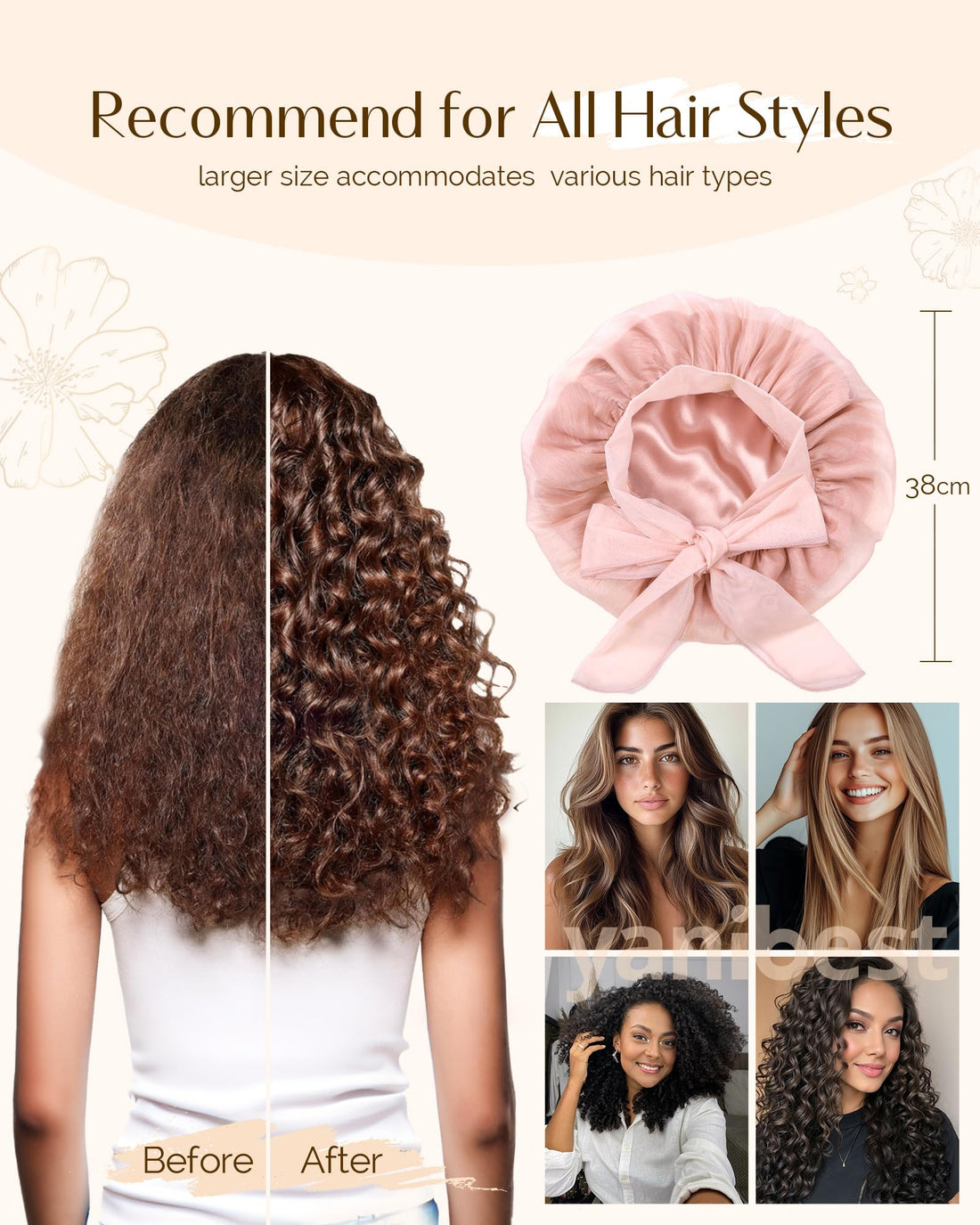 YANIBEST Silk Bonnet for Sleeping Women, Satin Lined Hair Bonnet with Breathable Tie Band for Curly Hair, Head Wrap Cap, Pink