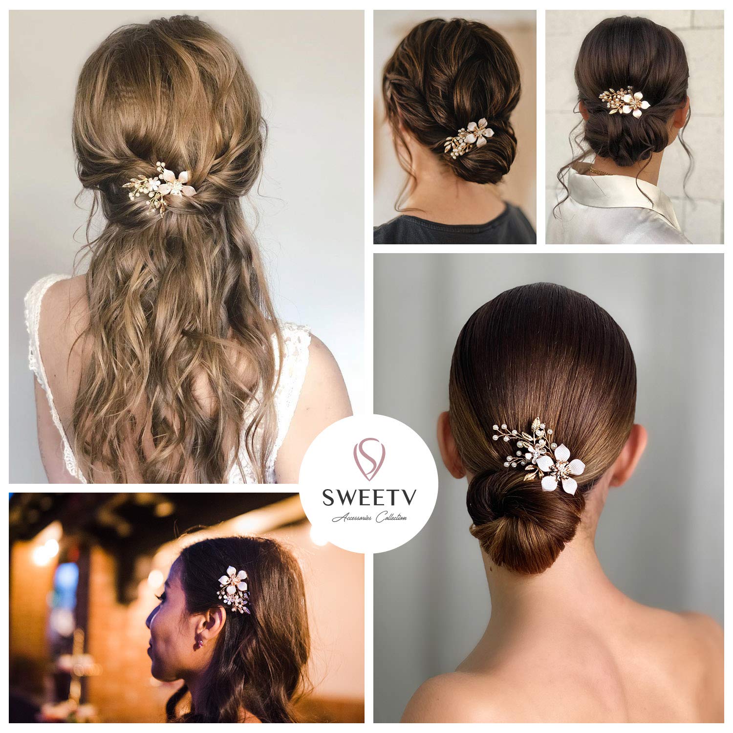 SWEETV Gold Bridal Hair Clip,Floral Bridal Hair Comb Barrette Flower Hair pieces for Brides Wedding