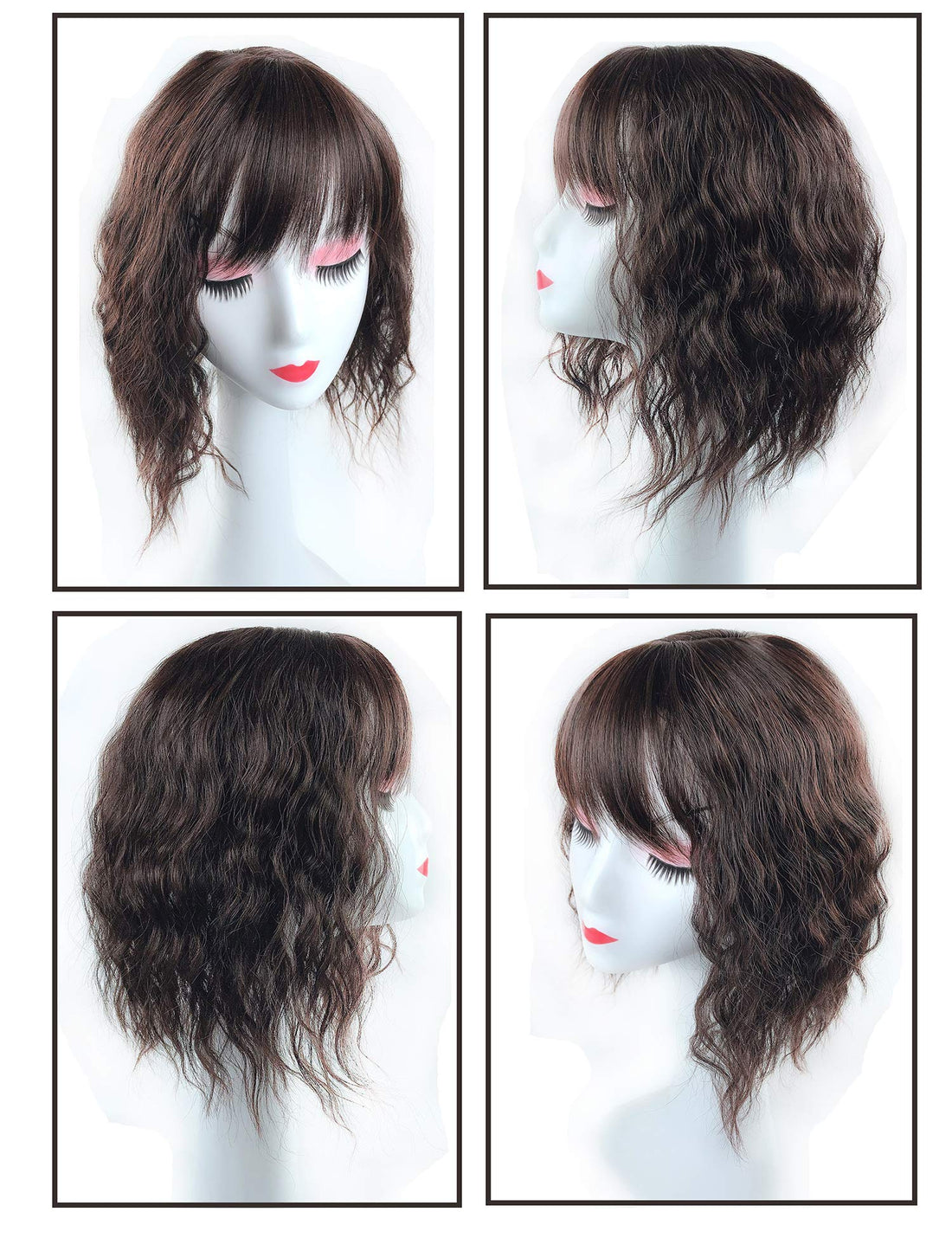 LesafeV Water Wavy Hair Forehead Piece Clip in Middle Part Topper with Choppy Fringe Thin/35cm, Dark Brown