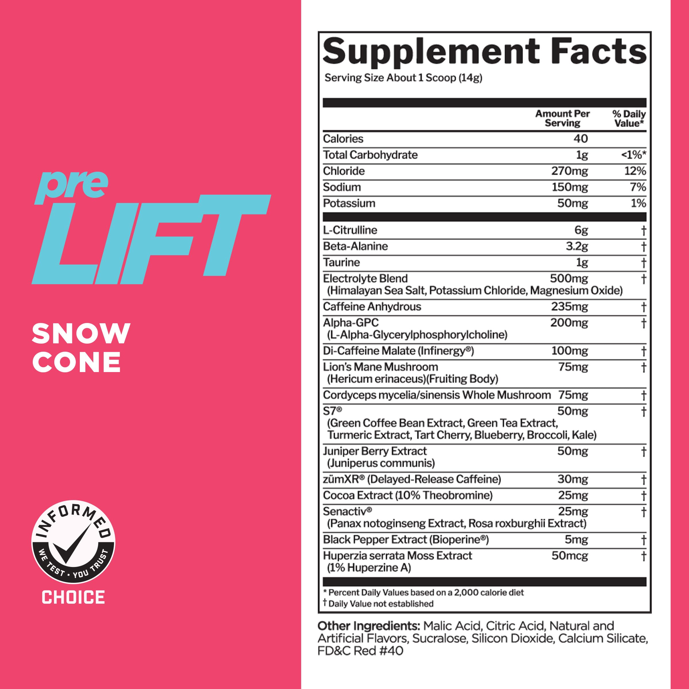 Rule 1 preLIFT Pre-Workout, Snow Cone - 30 Servings, 6g Citrulline, 3.2g Beta Alanine, 3 Caffeine Sources + 20 Others for Energy, Alertness, & Endurance (30 Servings, Snow Cone)