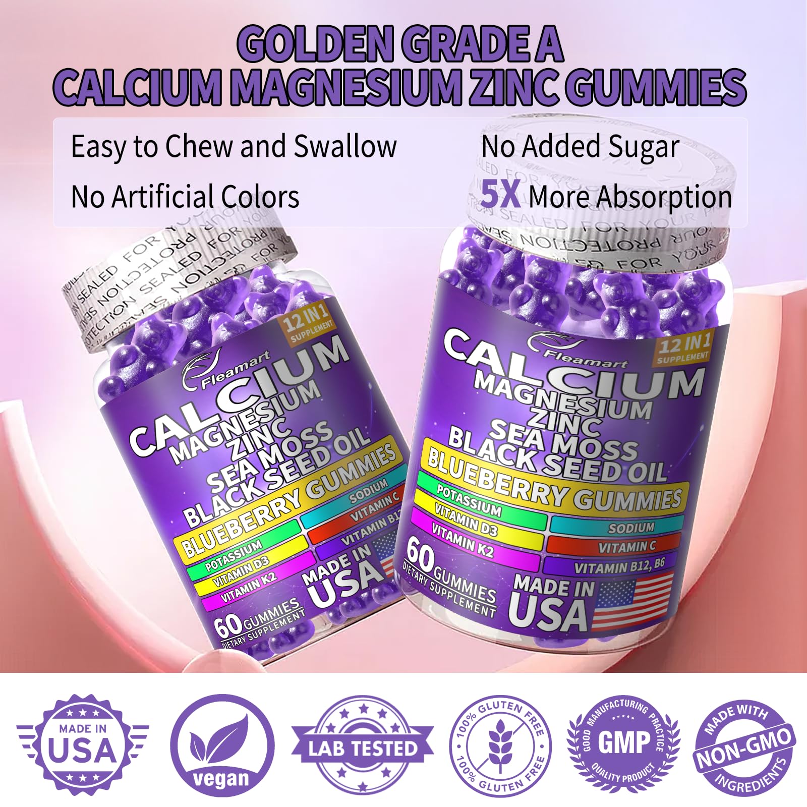 Calcium Magnesium Zinc Supplement Gummies Sugar Free for Women and Men Calcium Gummies Supplement Bone & Immune Support Made in USA 60 Counts Blueberry Flavor