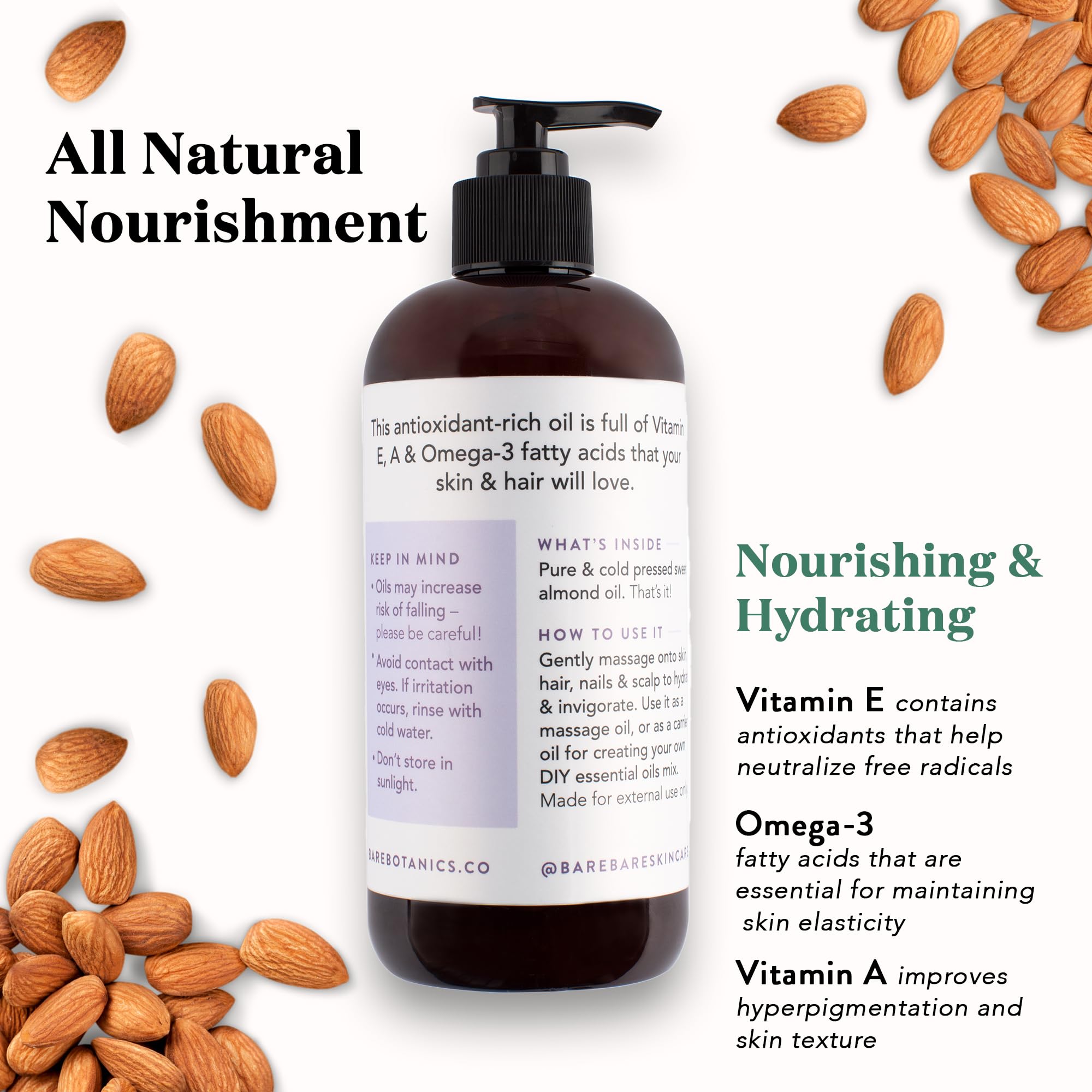 Bare Botanics 100% Pure Sweet Almond Body Oil 16 oz - Cold Pressed & Natural for All Over Moisturization - Multipurpose Carrier Oil for DIY - Hydrate Dry Skin, Hair & Body - Vegan, Cruelty Free Beauty