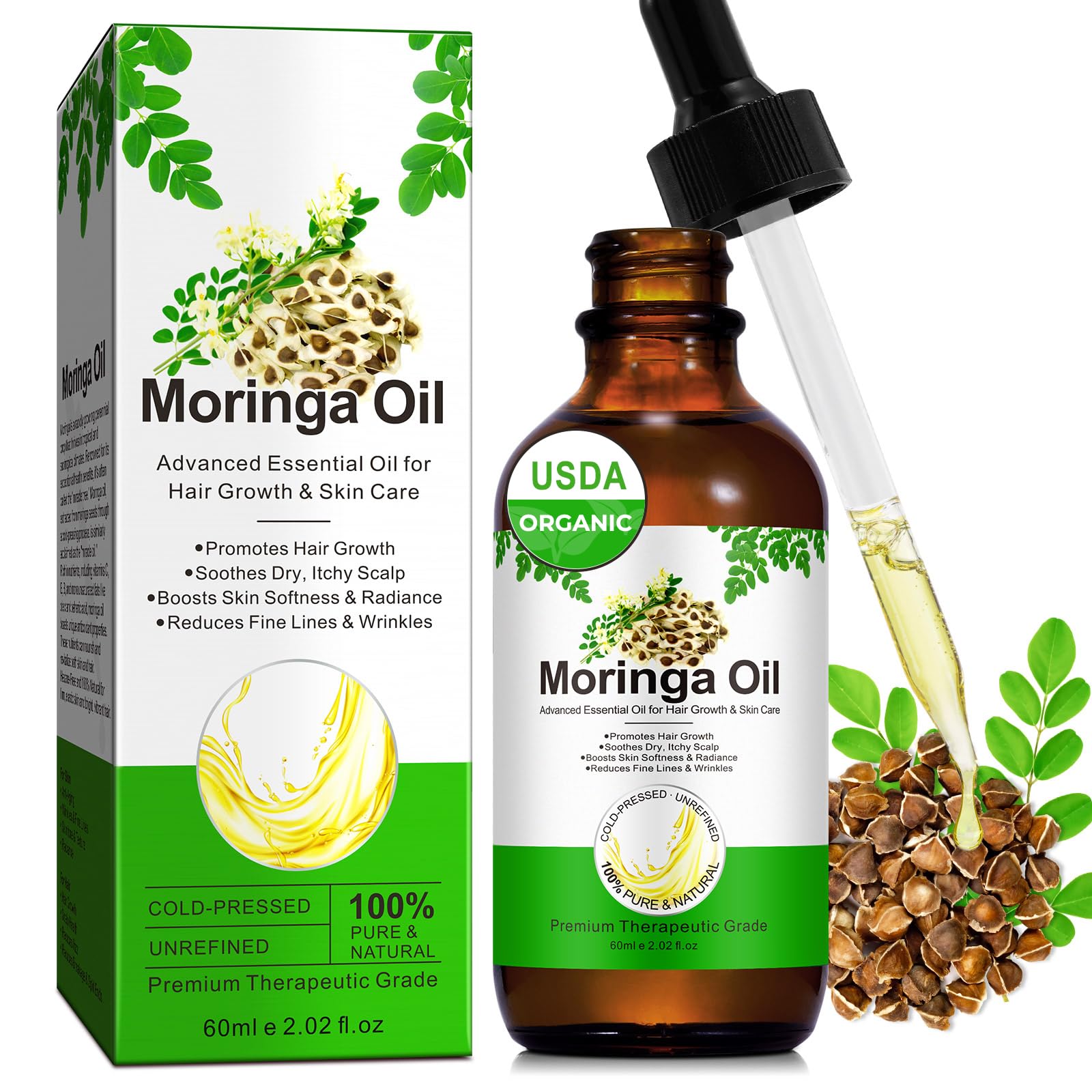 Moringa Oil, Moringa Seed Oil, Organic Cold-Pressed Moringa Oil, Unrefined & Nutrient-Rich for Hair Care, Face, Skin Care, Scalp Massage & Body Massage