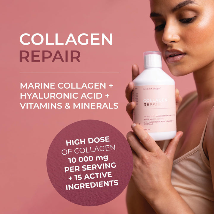 Swedish Collagen Repair | 10,000 mg Hydrolyzed Marine Collagen Liquid Supplement - 500 ml, 20 Day Supply I Hyaluronic Acid, Biotin & Vitamin C for Healthy Hair, Skin, Nails & Joints | Sugar-Free
