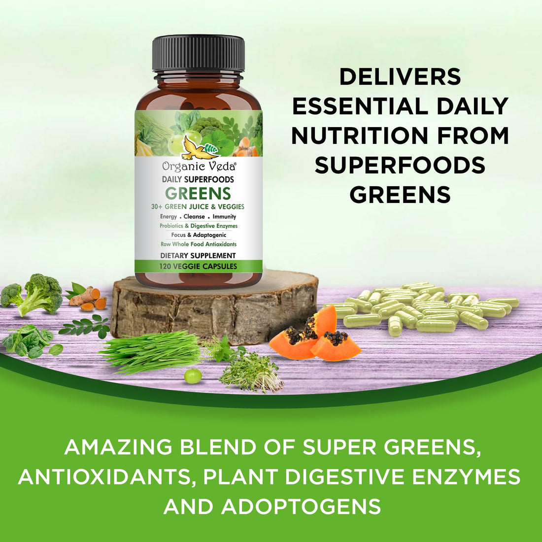 Organic Veda Superfoods Greens Capsules - 30+ Super Green Juice and Veggies Supplement with Moringa, Matcha, Spirulina, Chlorella, Turmeric - Antioxidants, Probiotics & Digestive Enzymes - 120 ct