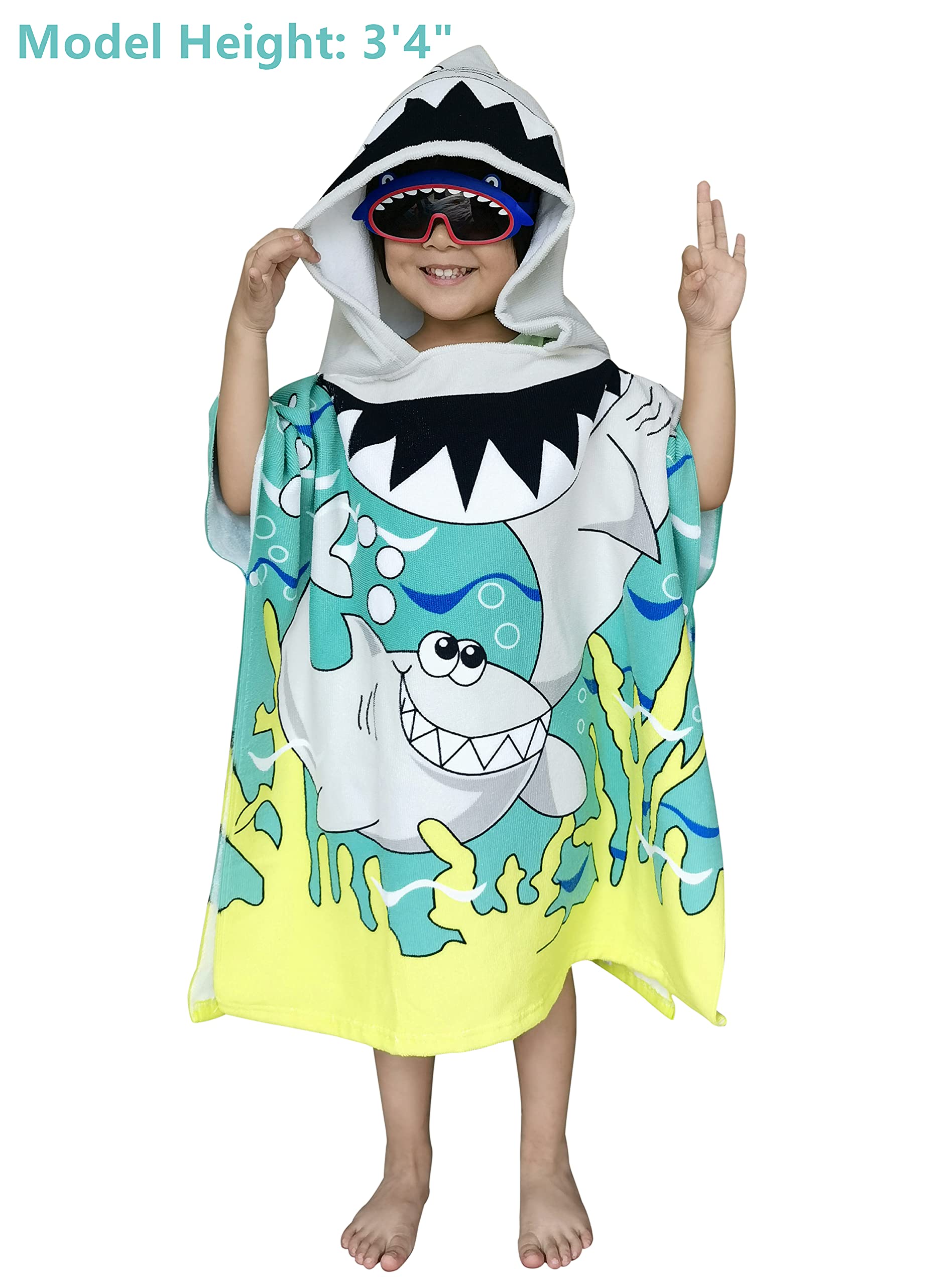 Athaelay Wearable Towel for Kids Toddlers Bath Pool Beach Swim Poncho Cover-ups Swimwear for Little Boys Girls, Shark Theme with Bag