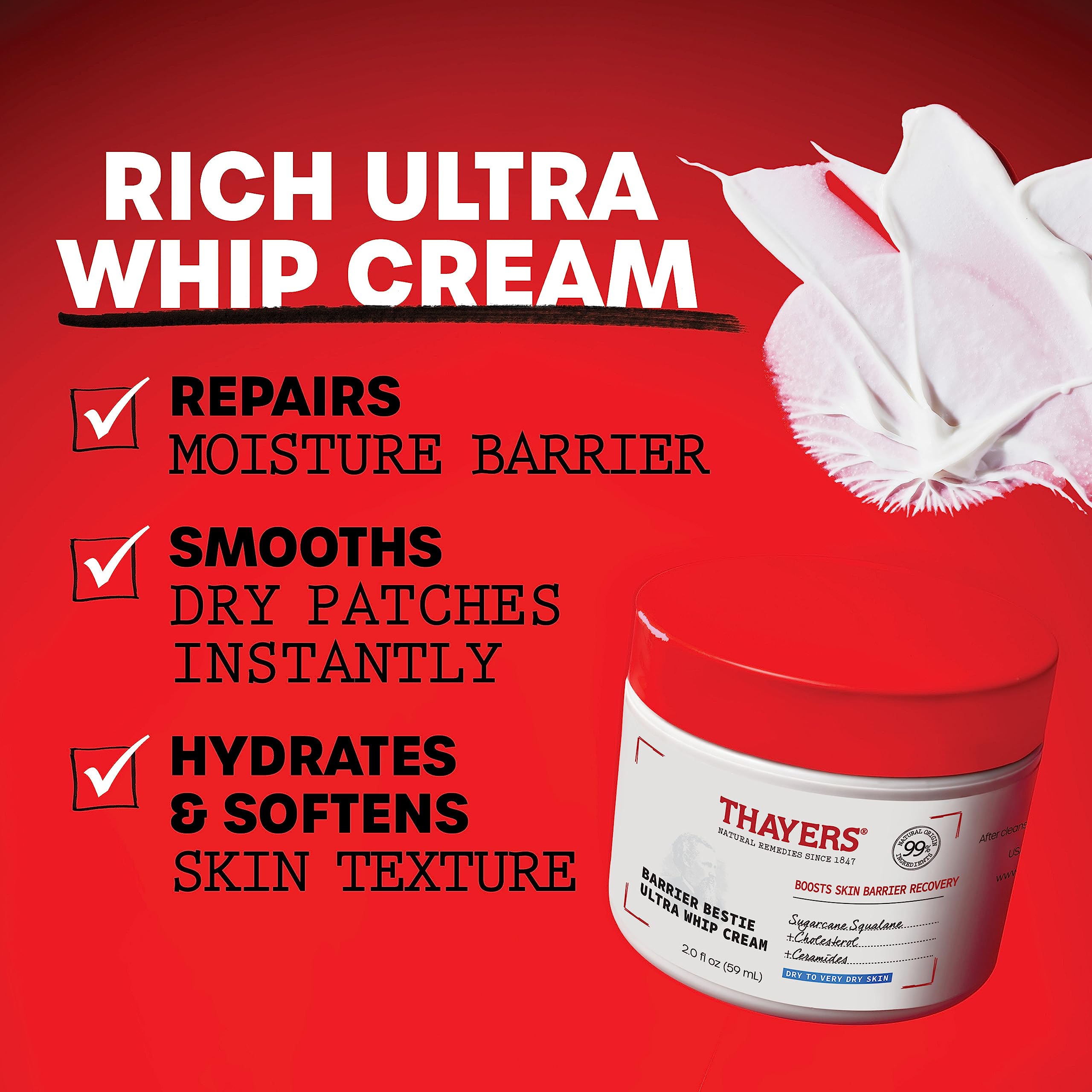 THAYERS Barrier Bestie Ultra Whip Face Cream, Moisturizer with Sugarcane Squalane and Ceramides, Skin Care for Dry to Very Dry Skin, 2.0 Oz