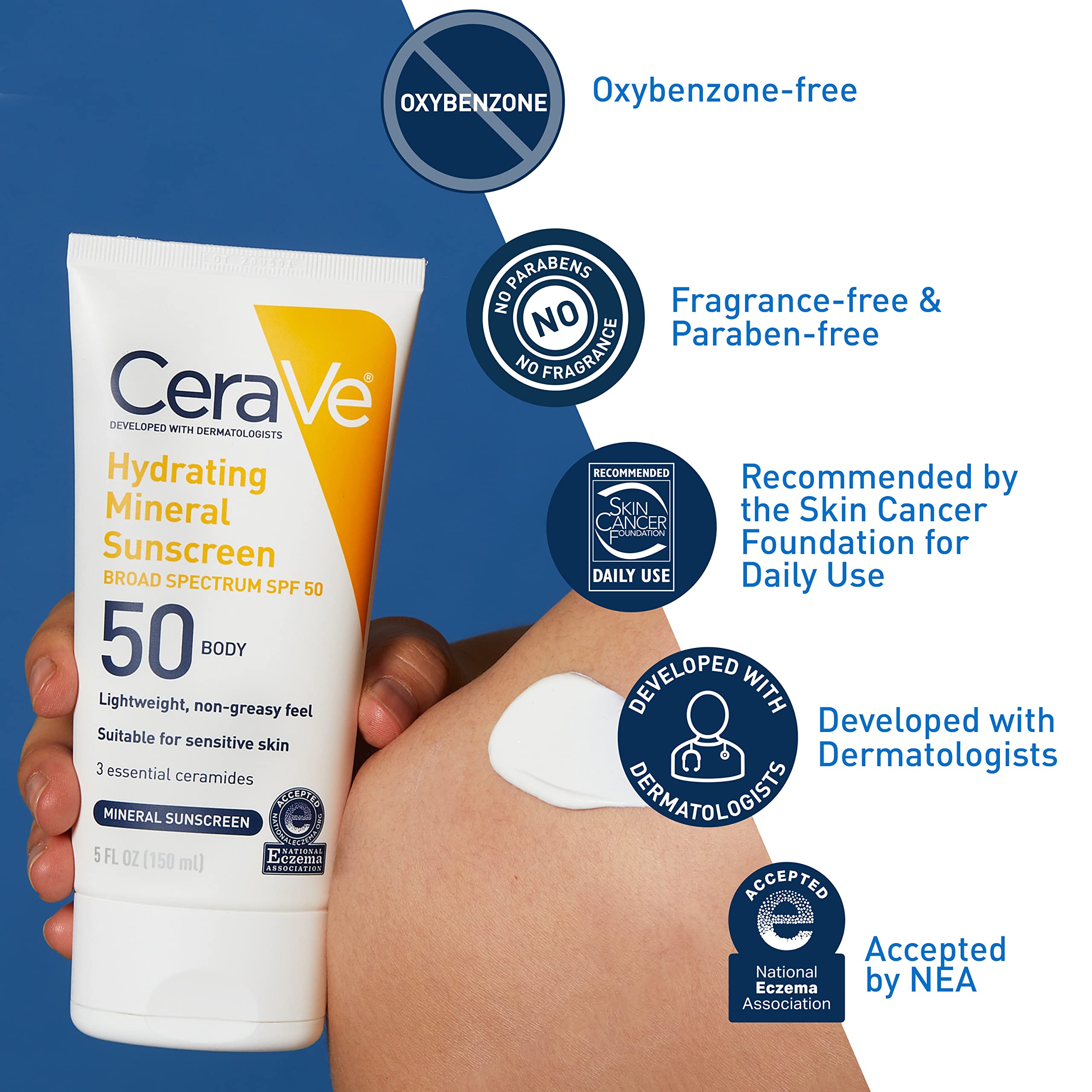CeraVe 100% Mineral Sunscreen SPF 50 | Body Sunscreen with Zinc Oxide & Titanium Dioxide | Hyaluronic Acid & Ceramides | Oil Free & Non-Greasy | Hydrating Mineral Sunscreen For Body | 5 oz