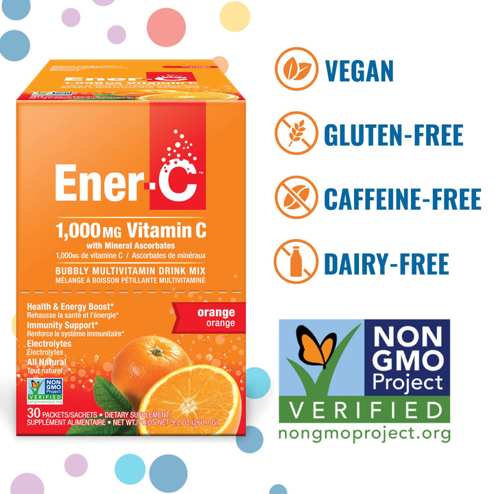 Ener-C Orange Multivitamin Drink Mix Powder Vitamin C 1000mg & Electrolytes with Real Fruit Juice Natural Energy & Immune Support for Women & Men - Non-GMO Vegan & Gluten Free - 60 Count